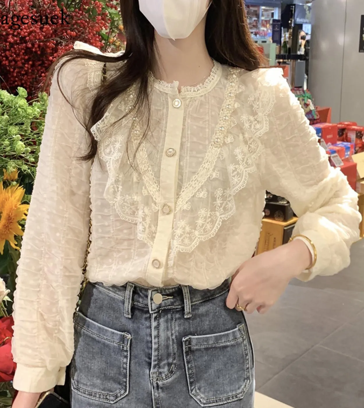 2022 dolce volant patchwork camicetta di pizzo colletto alla coreana donna manica lunga top primavera albicocca bottoni allentat