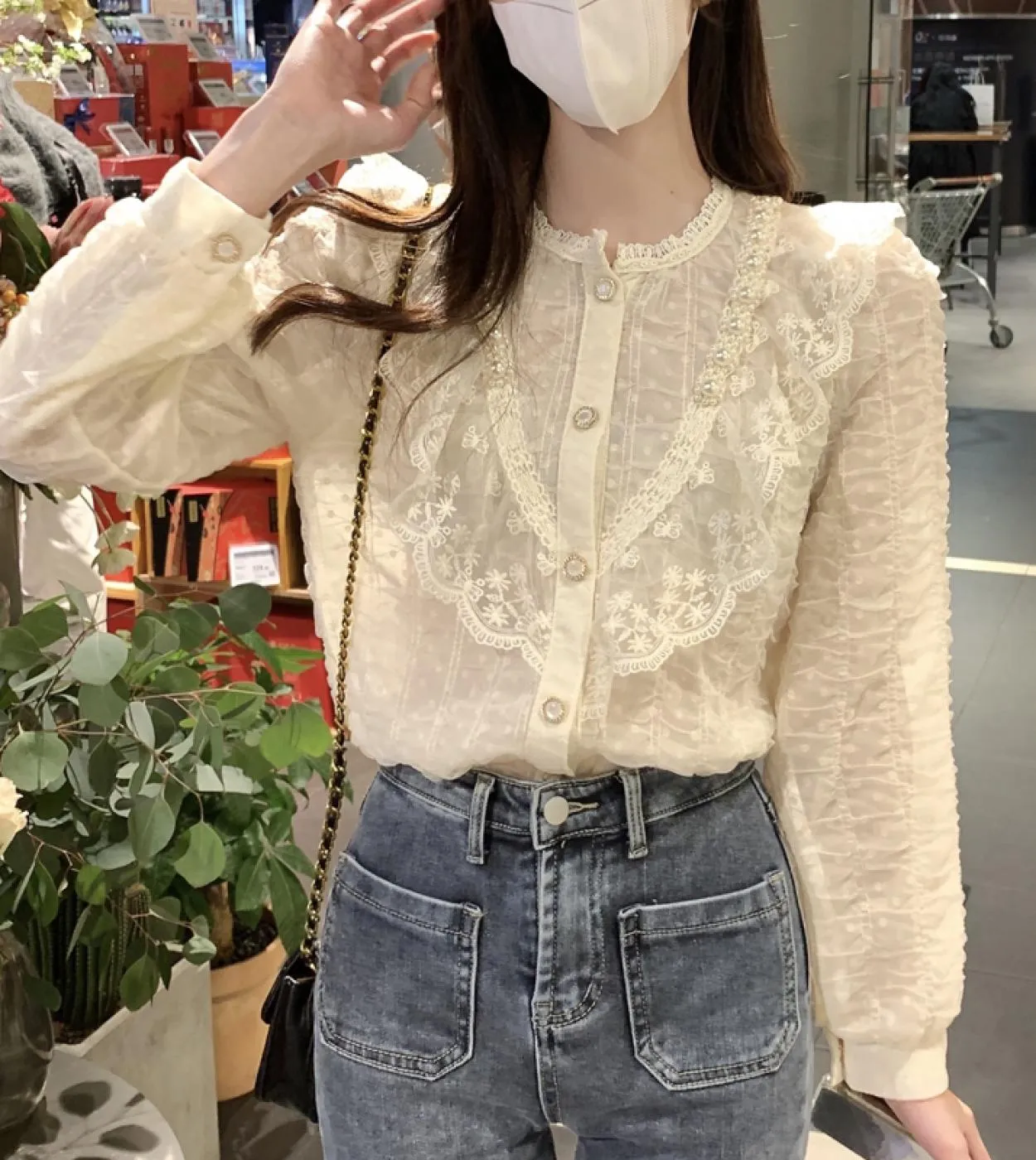 2022 dolce volant patchwork camicetta di pizzo colletto alla coreana donna manica lunga top primavera albicocca bottoni allentat
