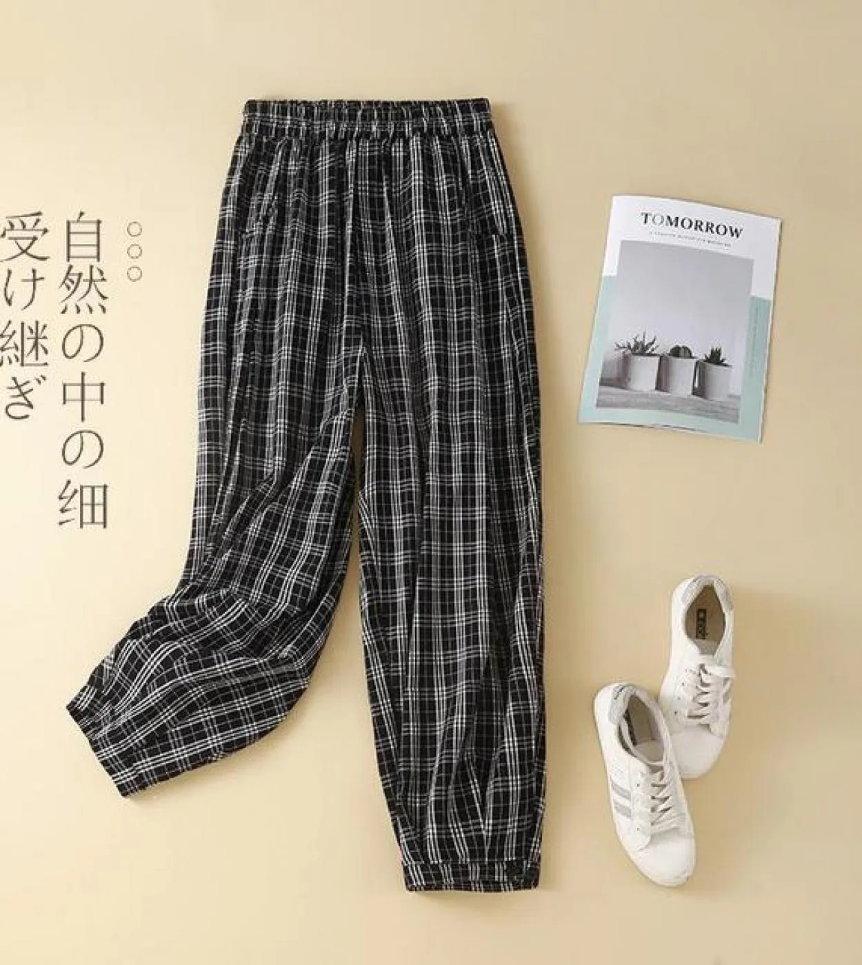 2022 primavera estate nuove arti stile donna elastico in vita pantaloni larghi alla caviglia tutti abbinati casual cotone scozze