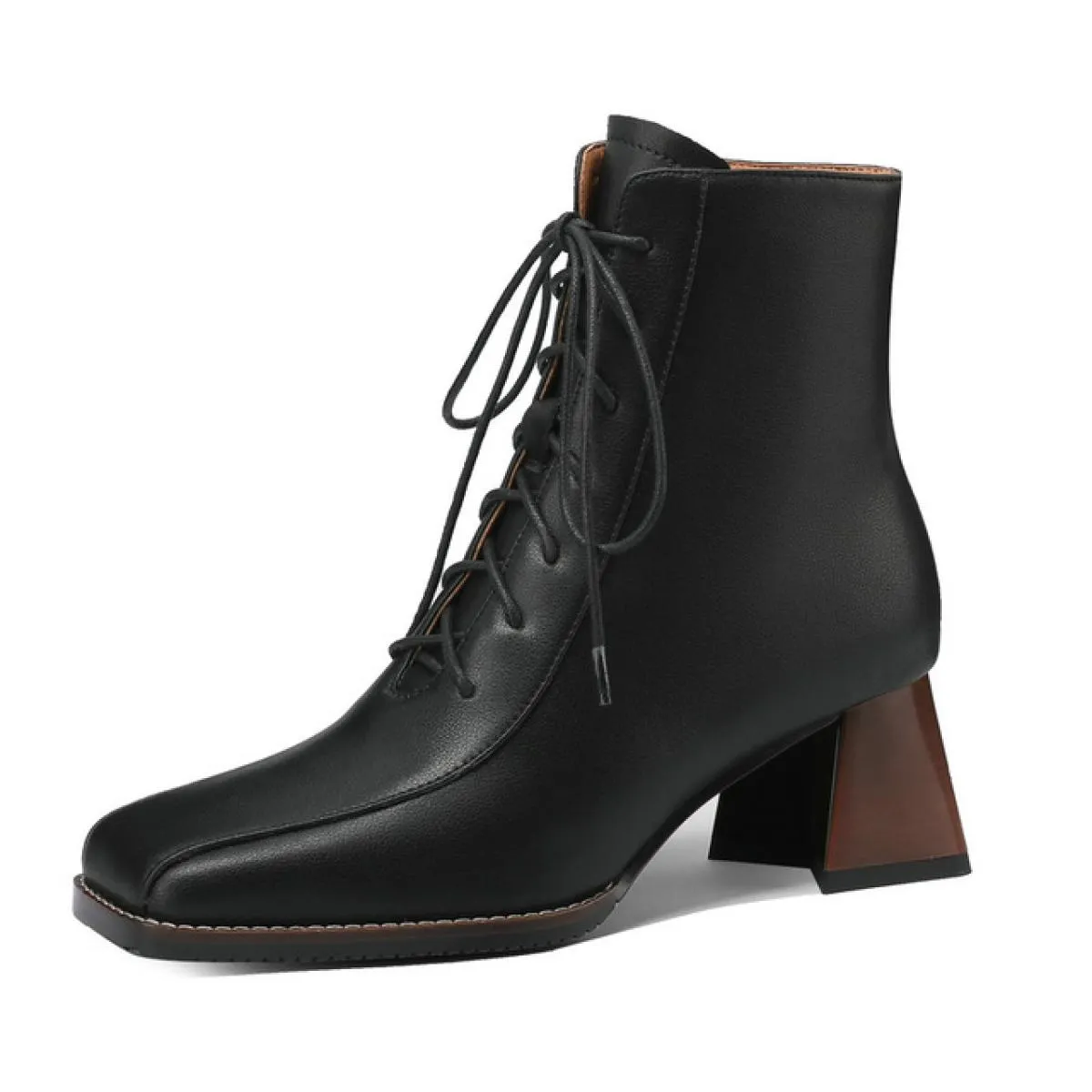 2024 Autunno Inverno Tacchi alti Stivaletti in vera pelle Concisa Scarpe da donna Lace Up Punta quadrata Stivaletti Taglia 34 40