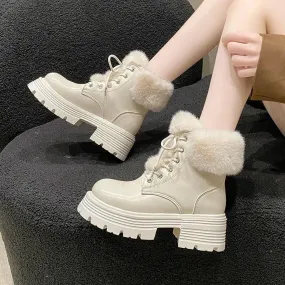 2024 di Vendita Caldo Nuovo Inverno Breve Peluche Delle Donne Stivaletti Moda Lace Up Donne Calde Pu Stivaletti Suola Spessa Sca