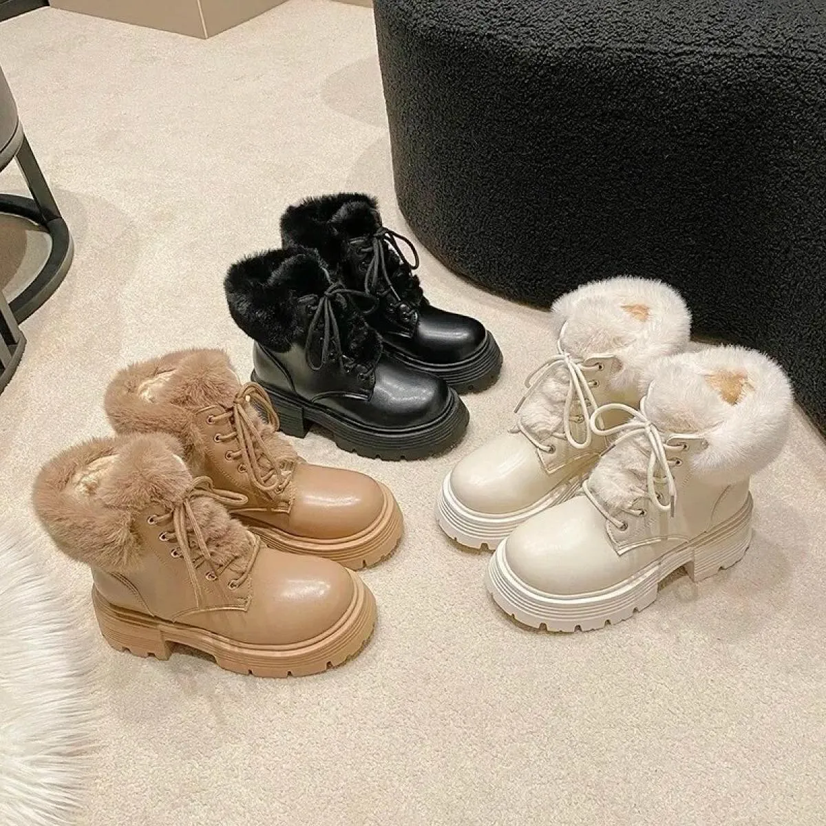 2024 di Vendita Caldo Nuovo Inverno Breve Peluche Delle Donne Stivaletti Moda Lace Up Donne Calde Pu Stivaletti Suola Spessa Sca