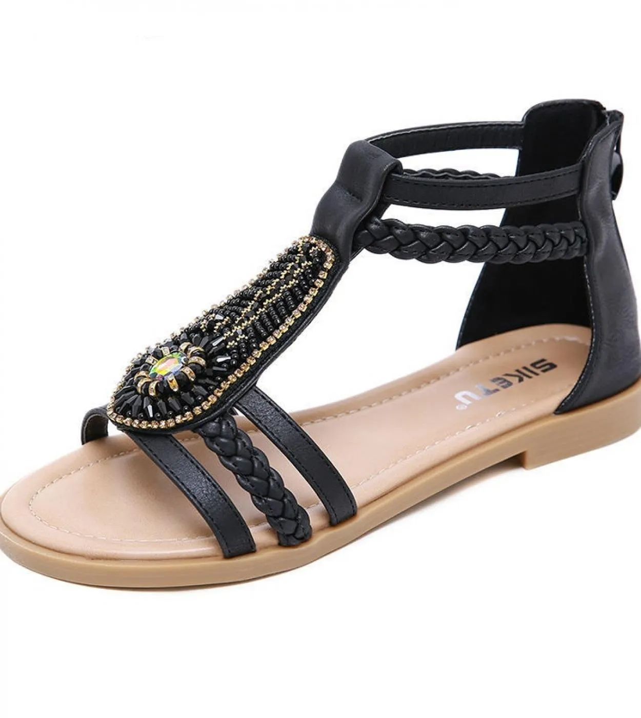 35 36 37 38 39 40 41 42 Scarpe estive da donna Nuovi sandali di moda Abito femminile per donna Perline di cristallo Sabbia piatt