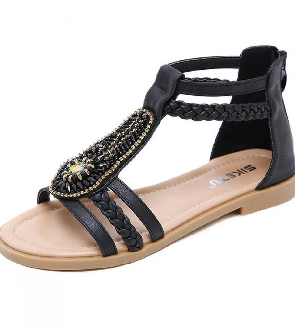 35 36 37 38 39 40 41 42 Scarpe estive da donna Nuovi sandali di moda Abito femminile per donna Perline di cristallo Sabbia piatt