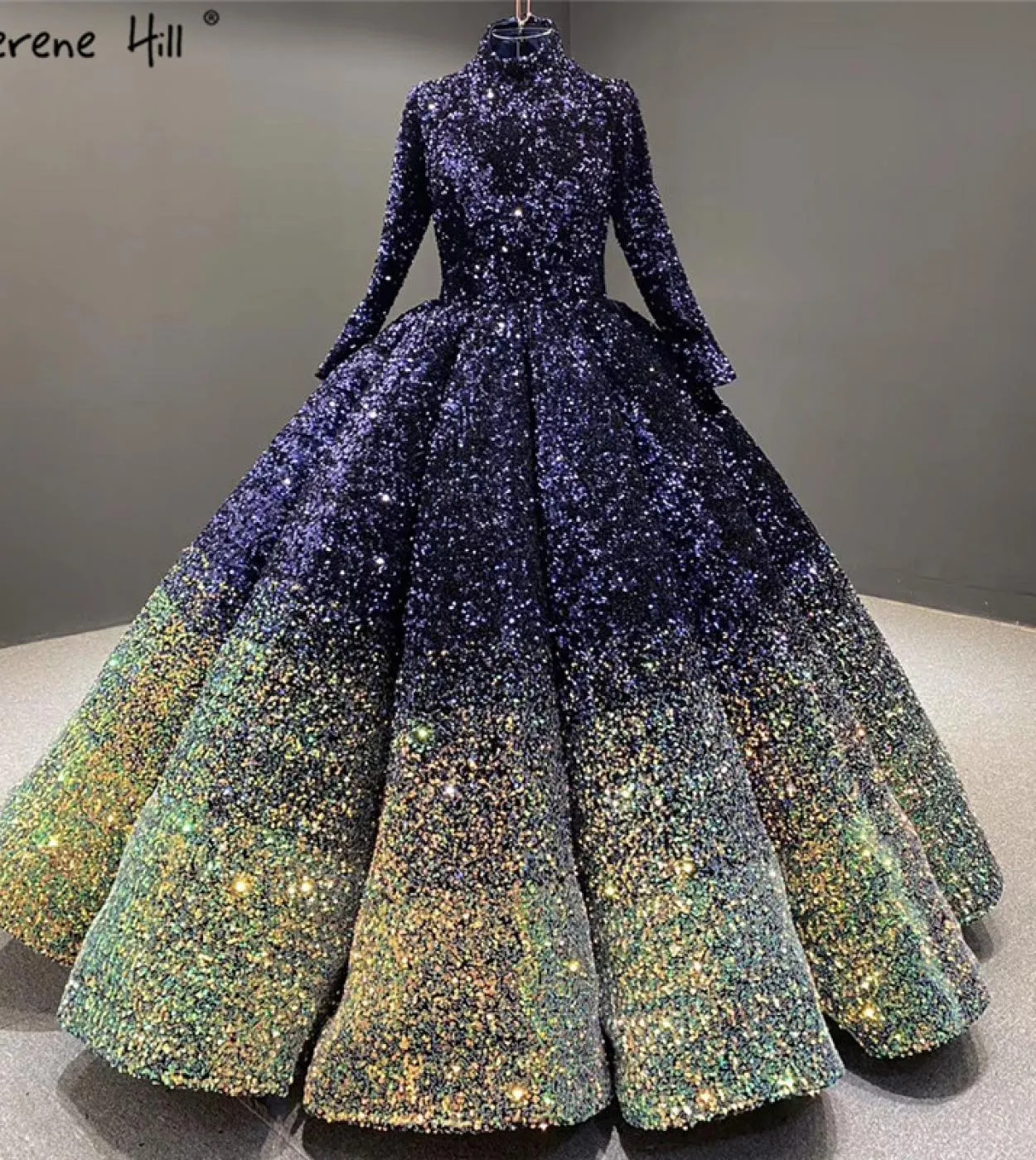 Abiti da sposa in oro rosso vino a cambiamento graduale Abiti da sposa di lusso con paillettes a collo alto Serene Hill Ha2153 C