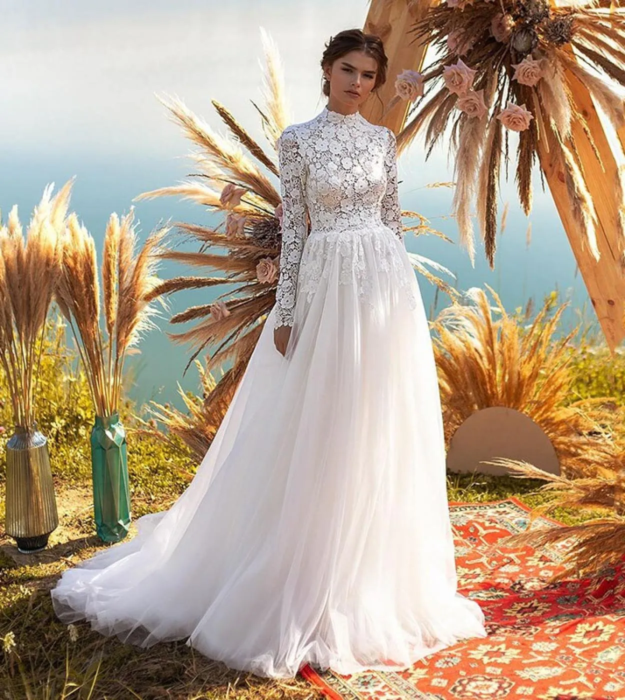 Abiti da sposa musulmani applique di lusso Abiti da sposa a collo alto da donna in tulle a maniche lunghe a forma di abiti da do
