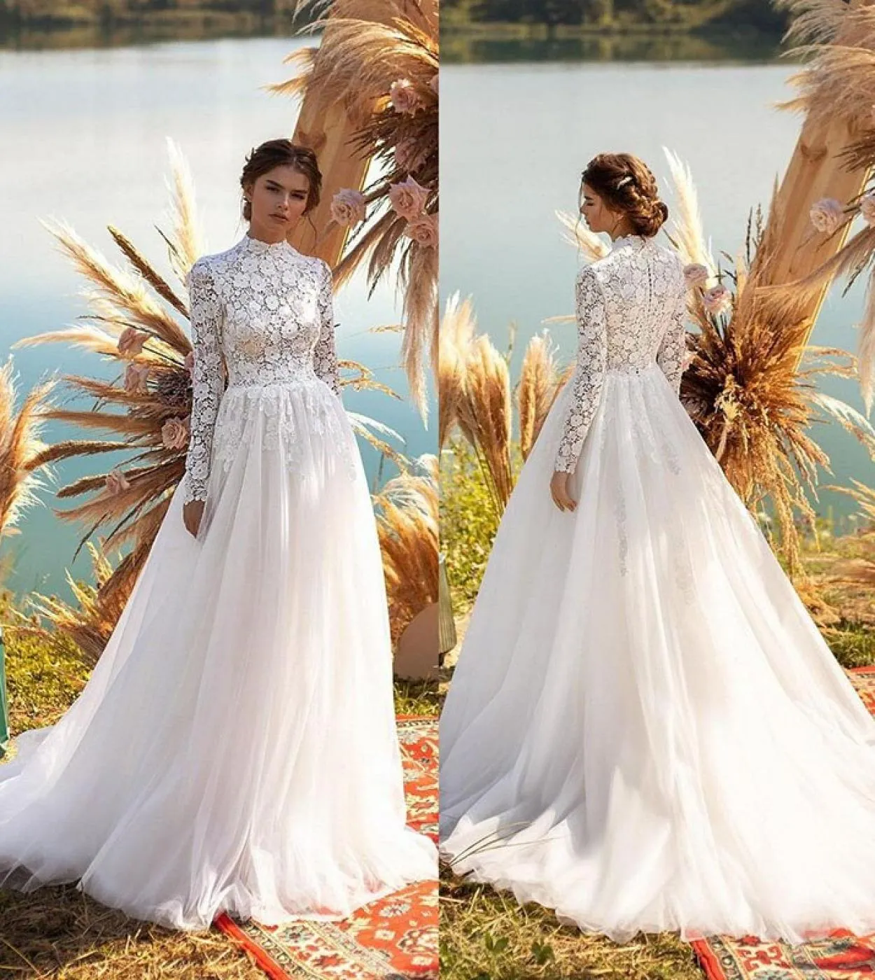 Abiti da sposa musulmani applique di lusso Abiti da sposa a collo alto da donna in tulle a maniche lunghe a forma di abiti da do