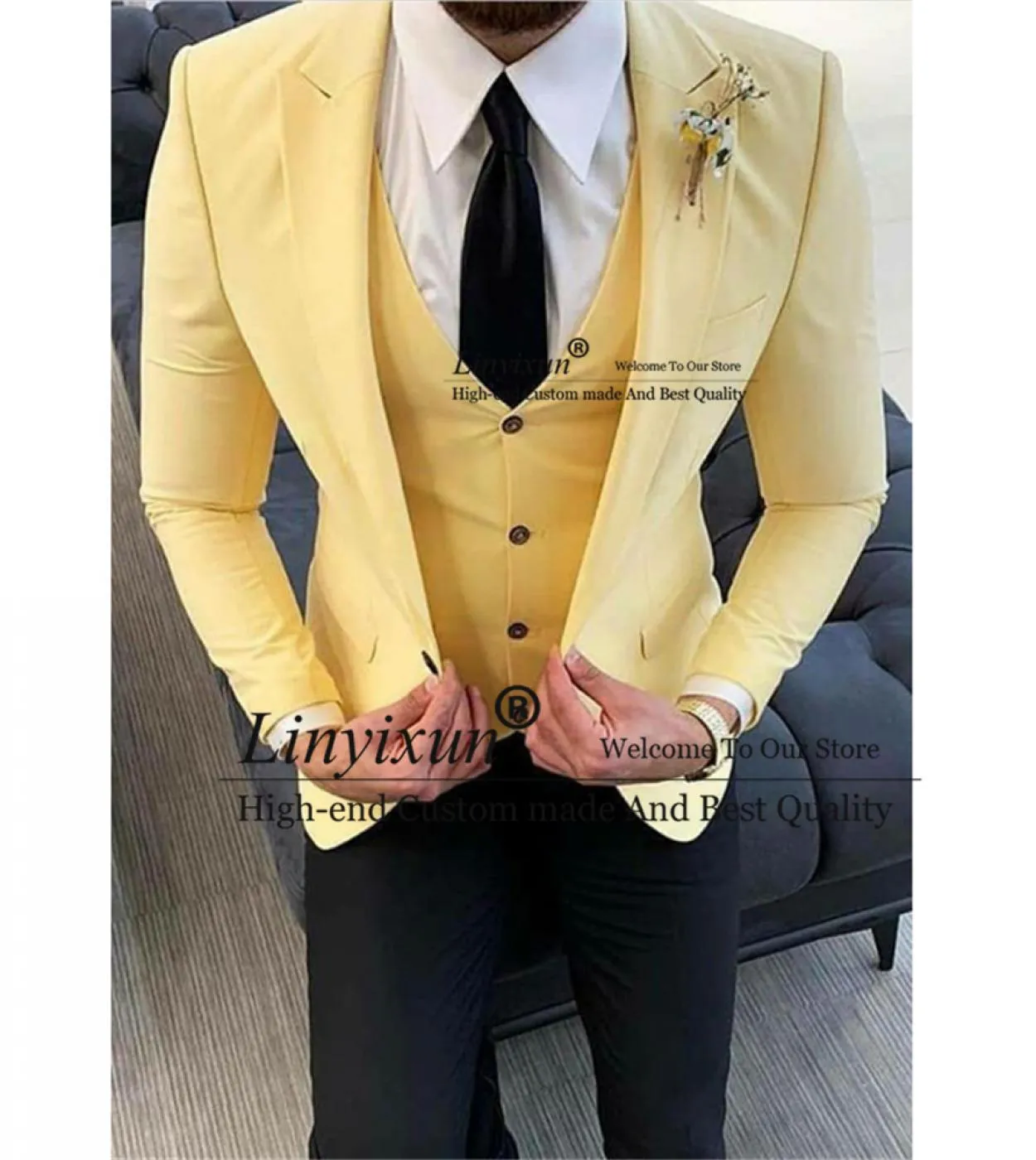 Abiti da uomo casual gialli da ballo slim fit con pantaloni neri smoking da sposo da sposa 3 pezzi costume da blazer per banchet