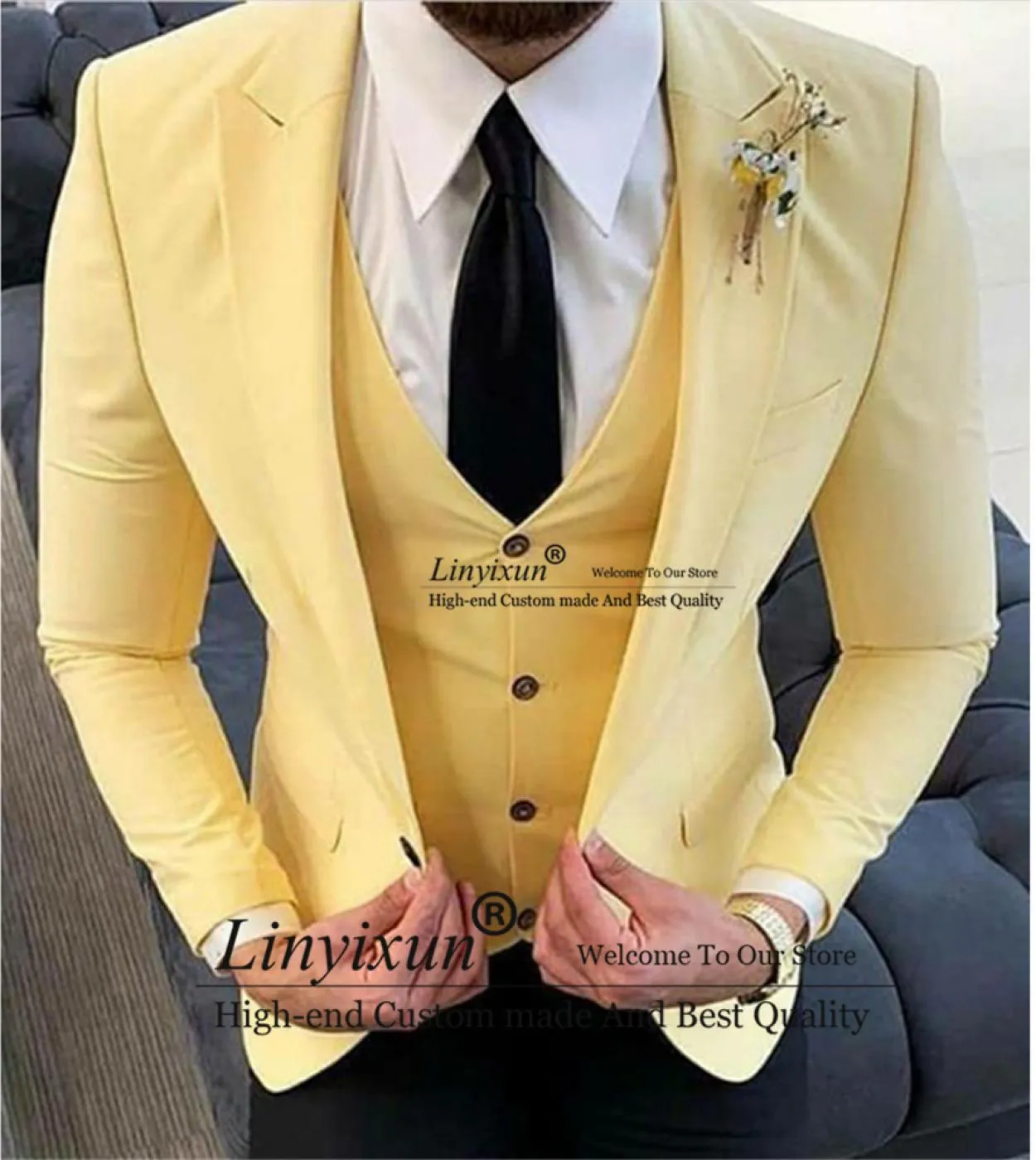 Abiti da uomo casual gialli da ballo slim fit con pantaloni neri smoking da sposo da sposa 3 pezzi costume da blazer per banchet