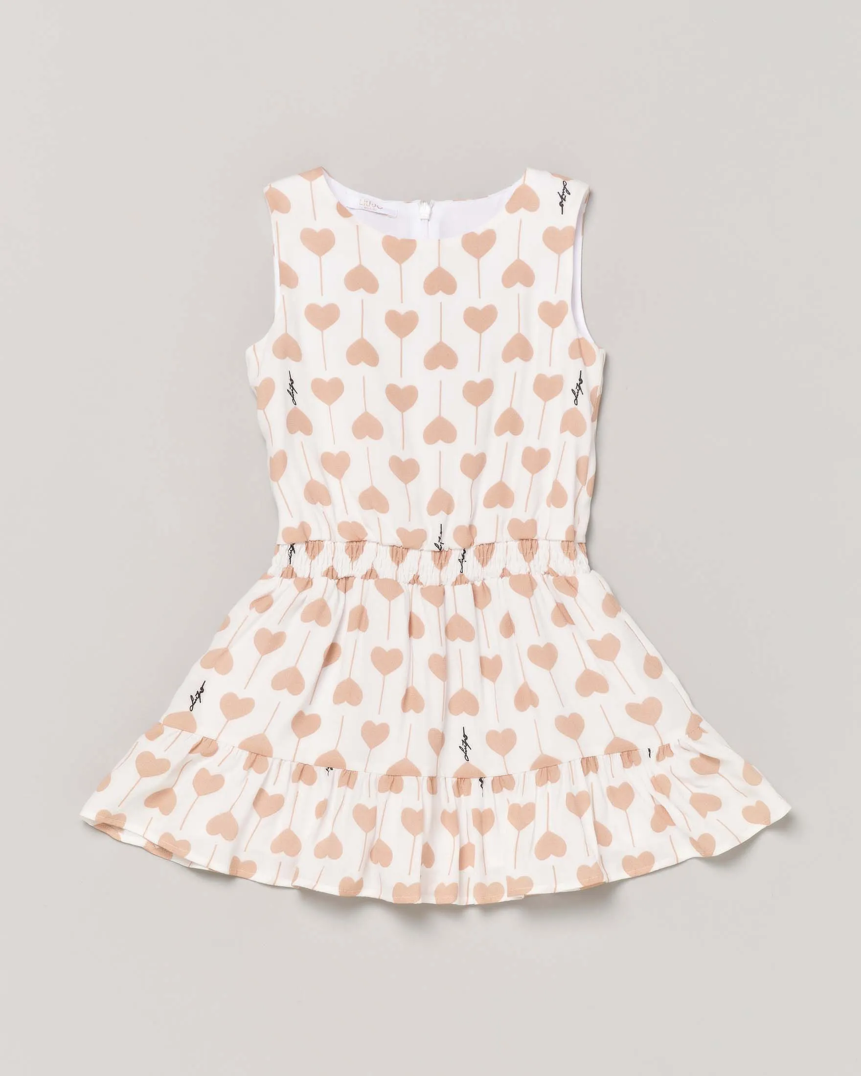 Abito bianco smanicato con stampa cuori cammello e balza al fondo 3-7 anni