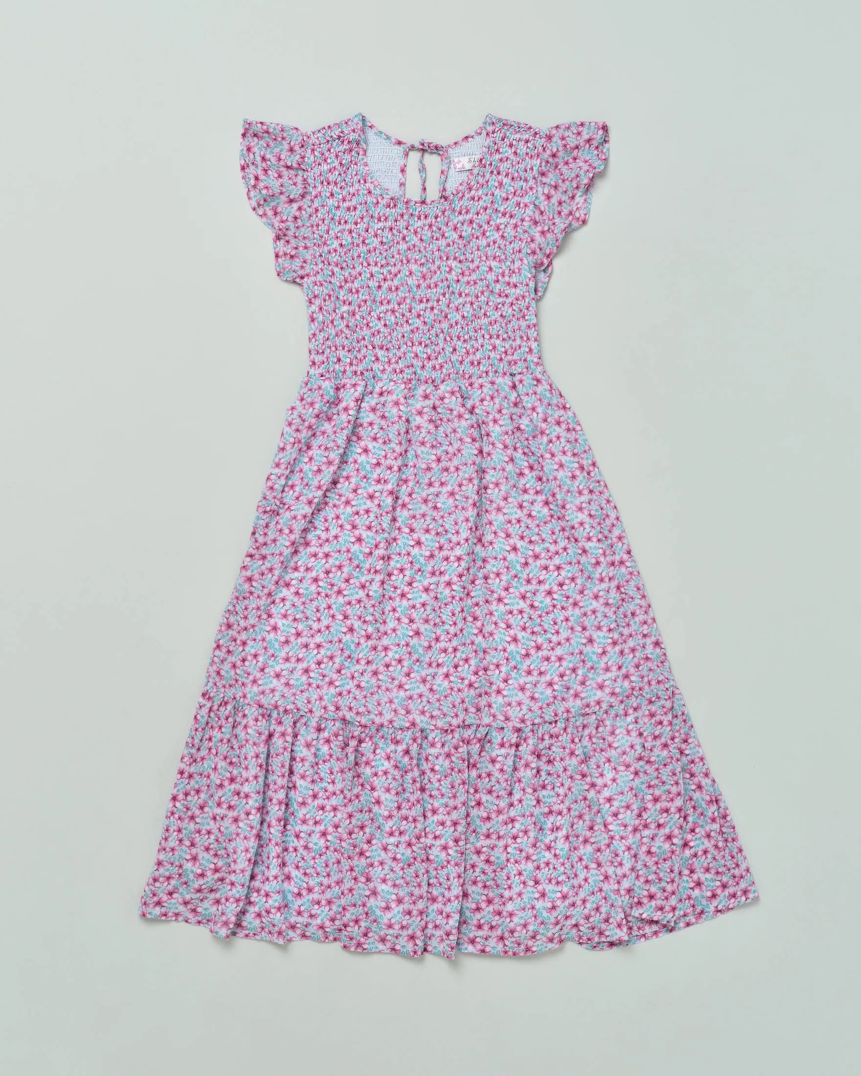 Abito midi in fantasia floreale rosa e azzurra con balze S-L