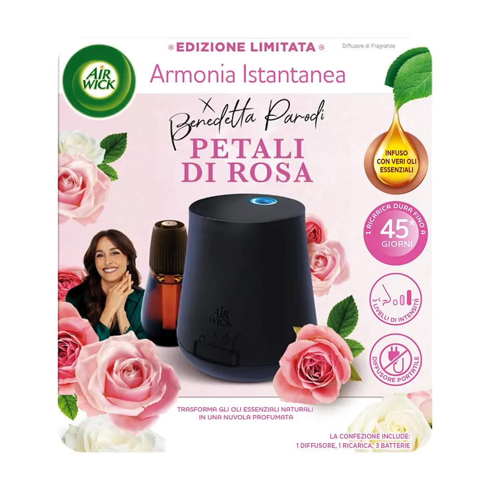 Airwick Armonia Istantanea, Confezione con kit completo Gadget 1 Diffusore di Oli Essenziali + 1 Ricarica alla Fragranza di Peta