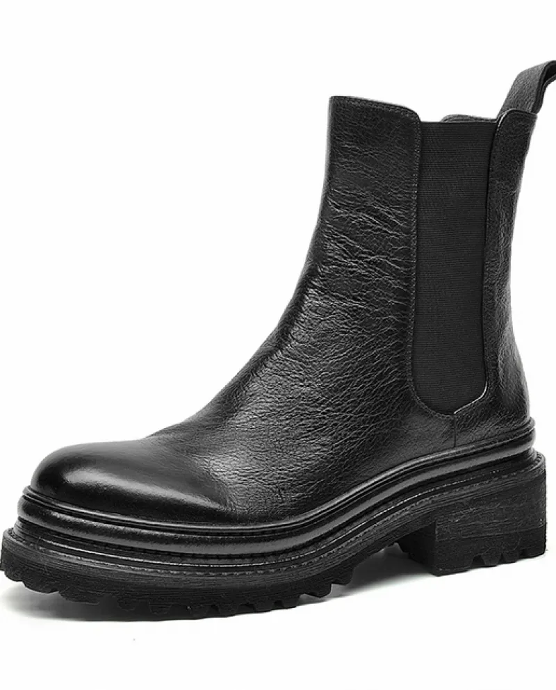 Beautoday Stivaletti Chelsea Donna Pelle di Cavallo Retro Ceratura Punta Rotonda Fascia Elastica Lady Platform Suola Scarpe Fatt