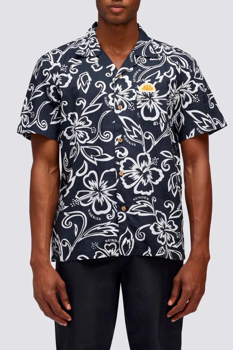 Camicia con stampa hibiscus uomo Blu