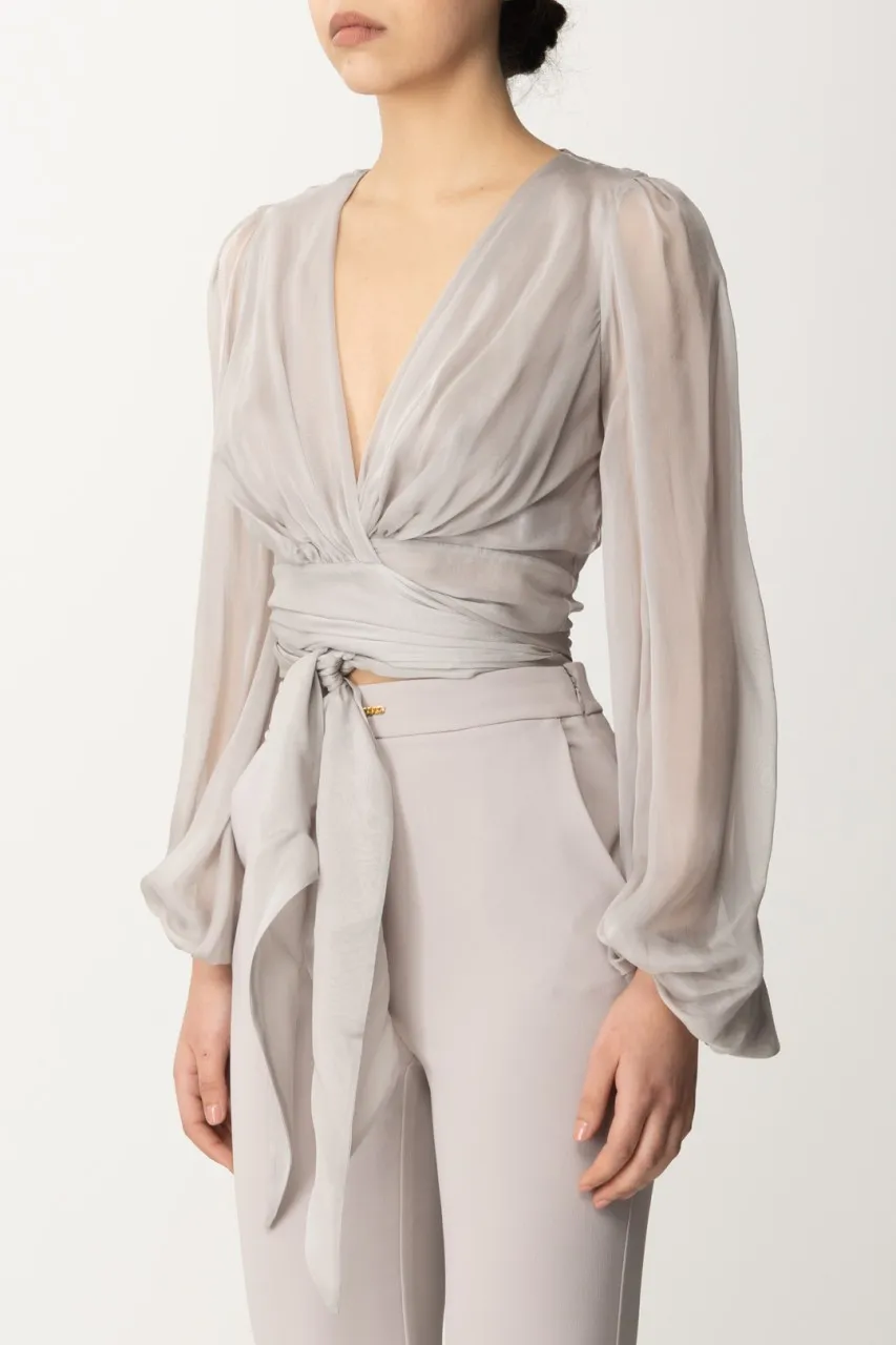 Camicia in voile di seta con maniche arricciate Perla