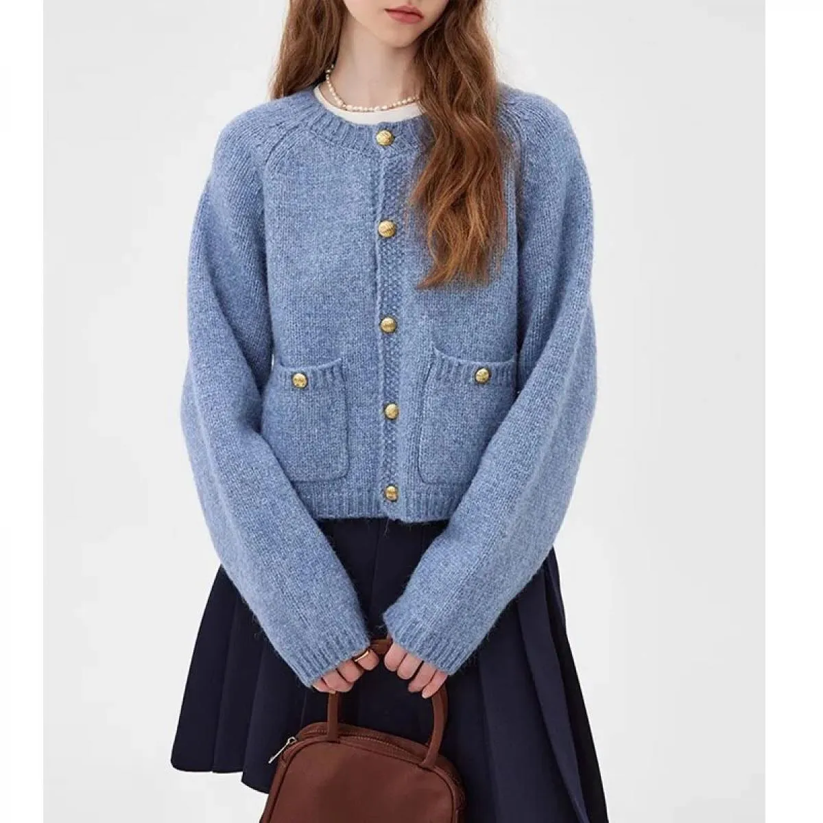Cappotto cardigan maglione per donna 2023 Nuovo autunno inverno Mohair Islanda Blu lavorato a maglia Chic cardigan con tasca gir