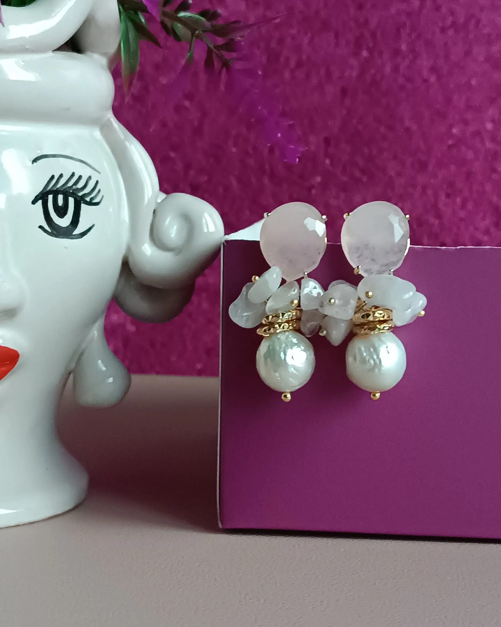 Drop Earrings with Baroque Pearls and Rose Chrysoberyl