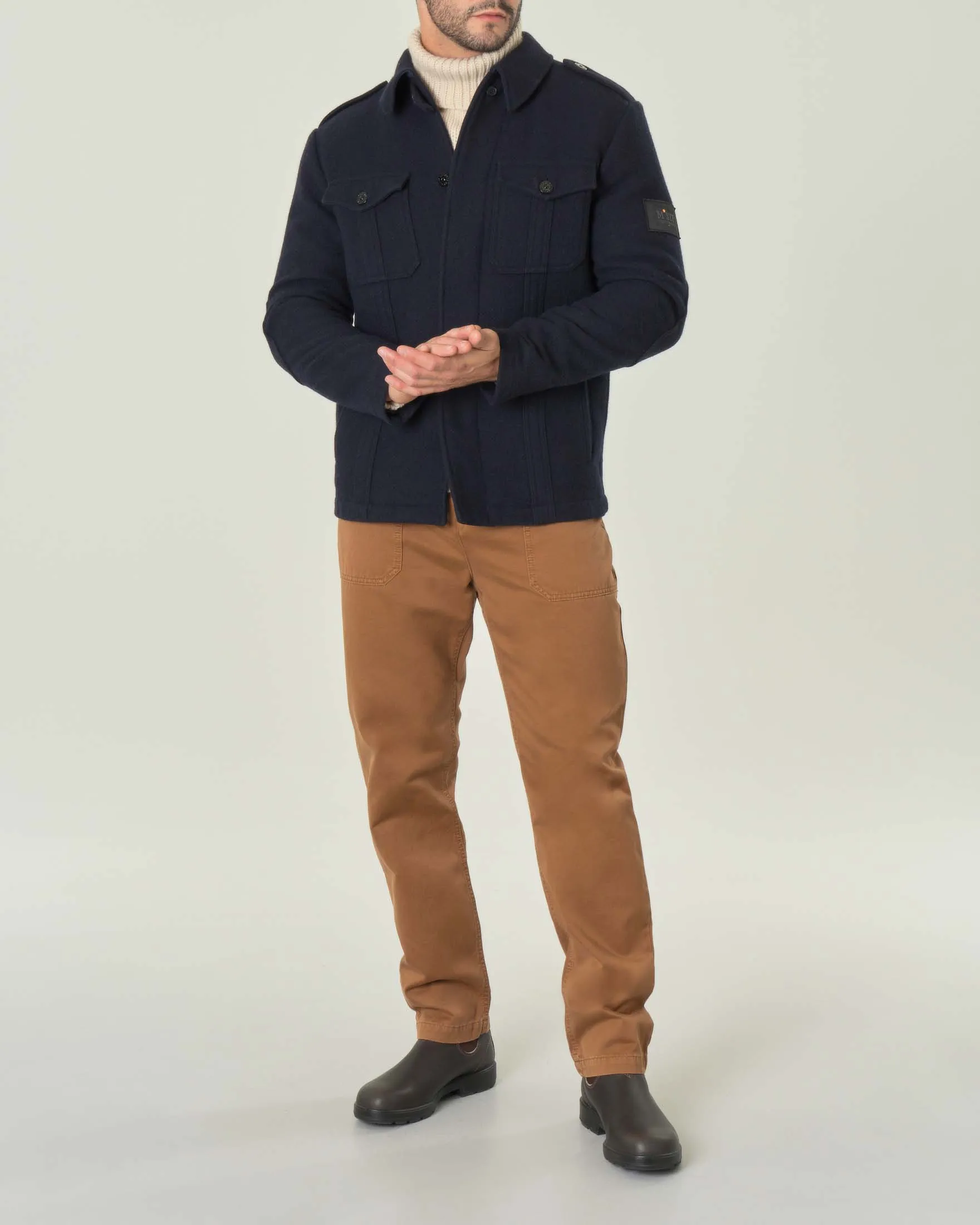 Field jacket blu in lana con chiusura a bottoni
