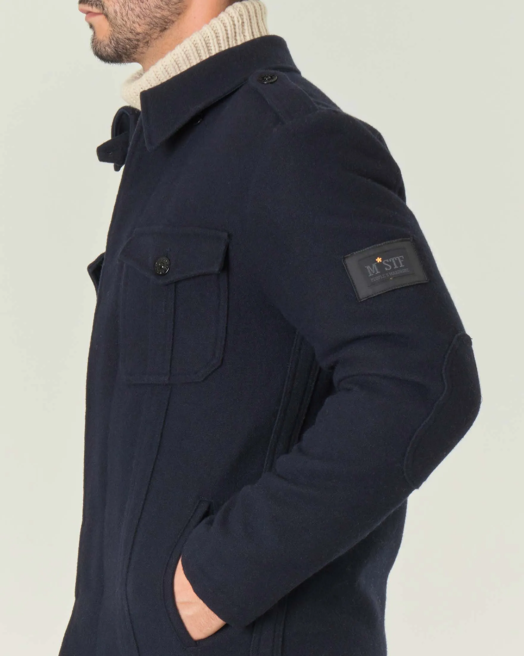 Field jacket blu in lana con chiusura a bottoni