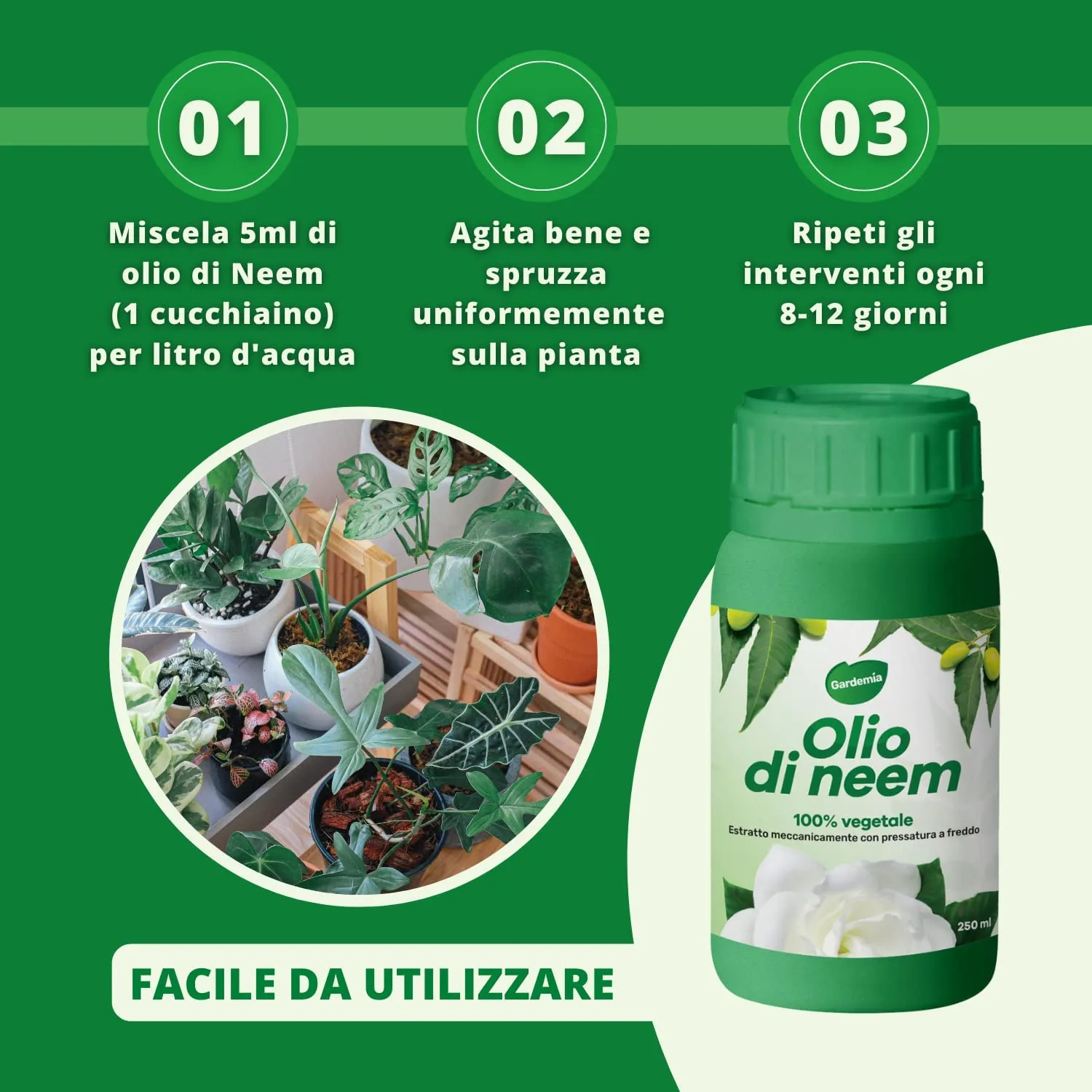 Gardemia Olio di Neem per Piante 100% Vegetale Repellente Naturale Contro Afidi, Cocciniglia, Ragnetto Rosso, Zanzare, Cimici, I
