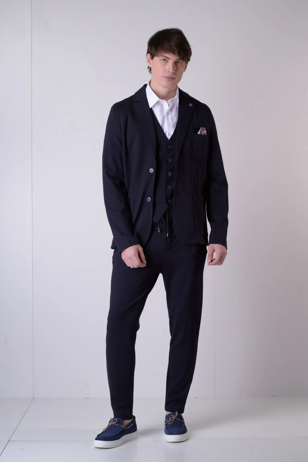 Giacca Sartoriale Monopetto Blu con interni e pochette in tessuto V2