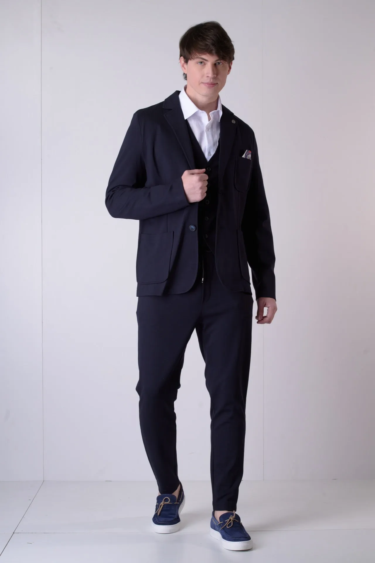 Giacca Sartoriale Monopetto Blu con interni e pochette in tessuto V2