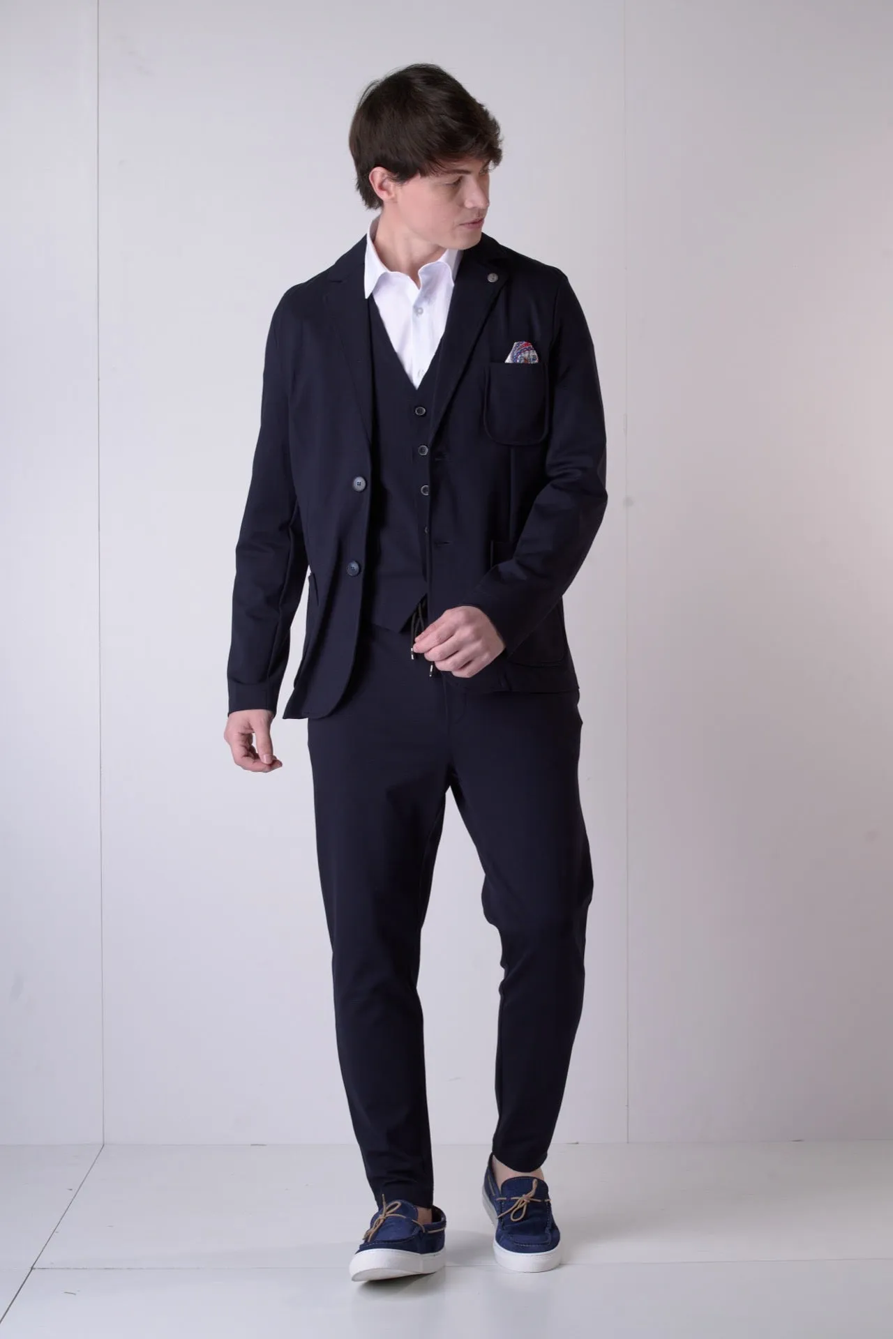 Giacca Sartoriale Monopetto Blu con interni e pochette in tessuto V2