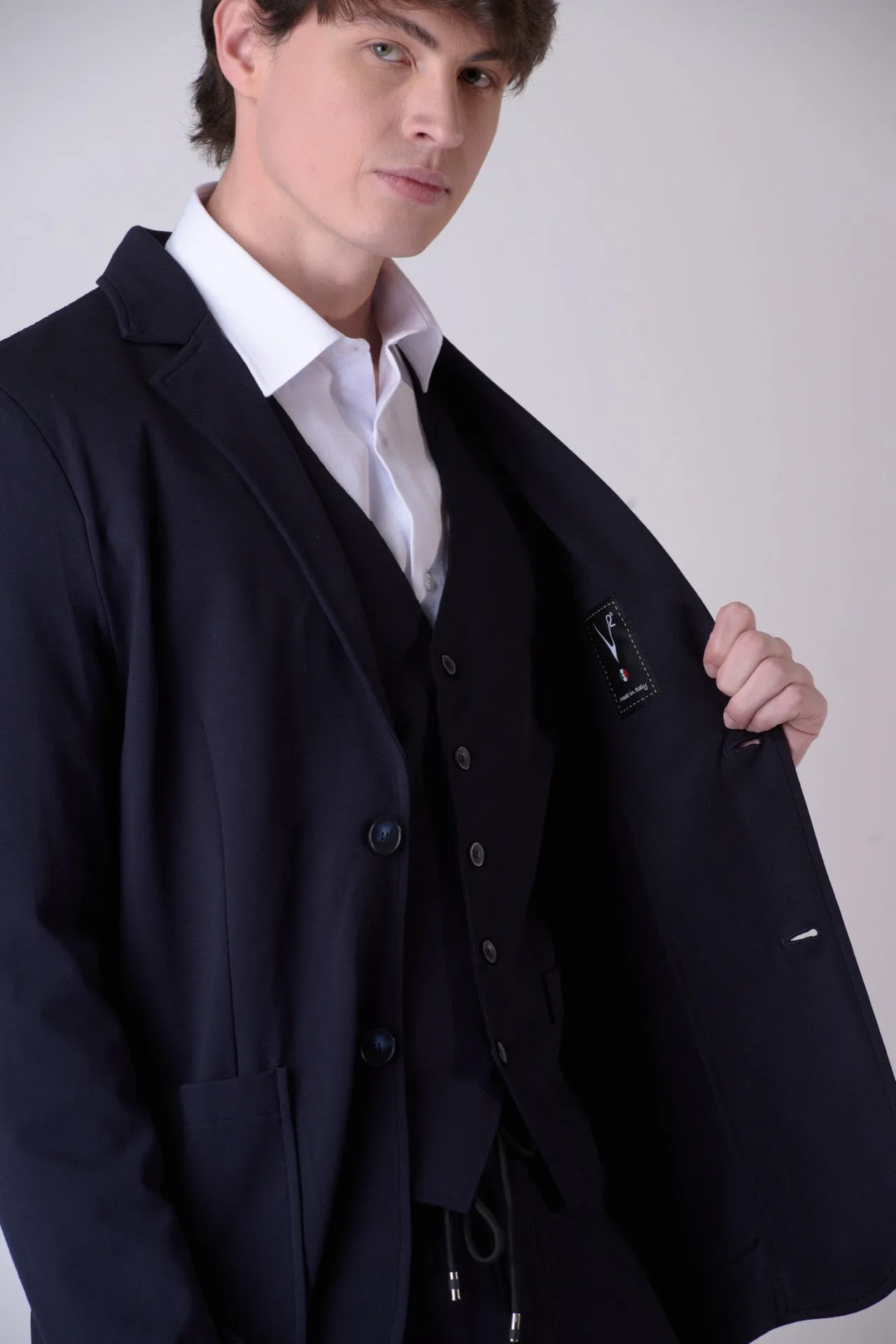 Giacca Sartoriale Monopetto Blu con interni e pochette in tessuto V2