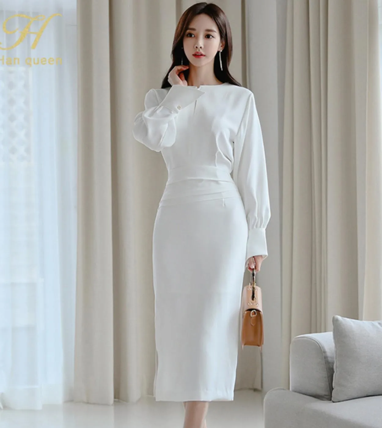 H Han Queen Vendita calda Autunno Solid White Women Slim Office Bodycon Matita Abiti Casual Business Manica lunga Midi Party
