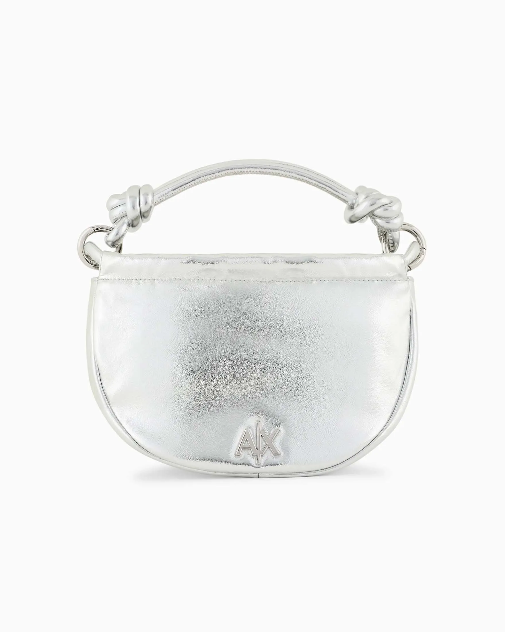 Hobo bag in similpelle argento effetto metallizzato con manico a tubo con dettaglio nodi e logo sul davanti in metallo