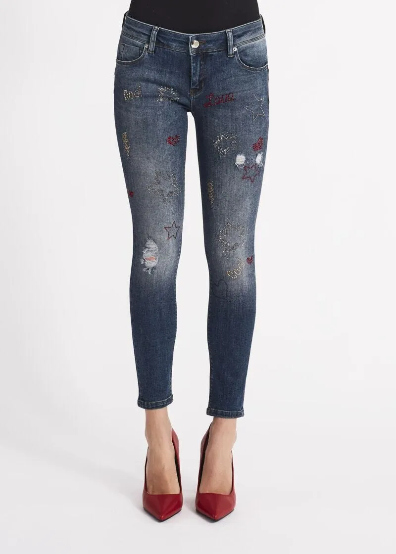Jeans skinny con strass multicolor