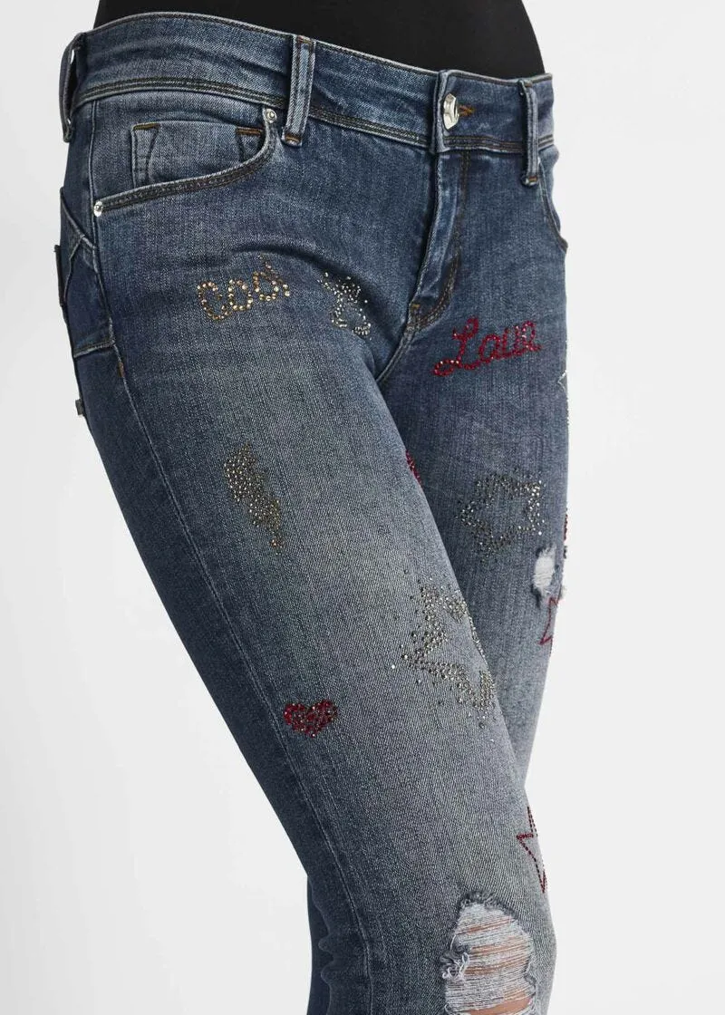 Jeans skinny con strass multicolor