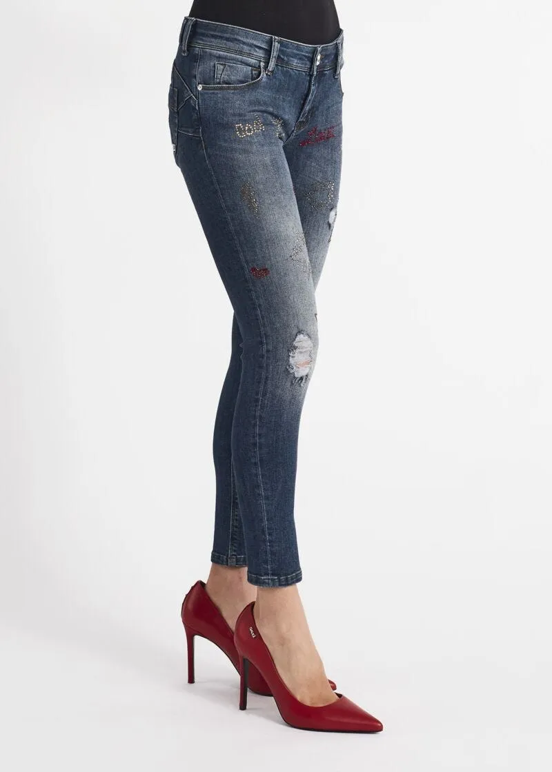 Jeans skinny con strass multicolor