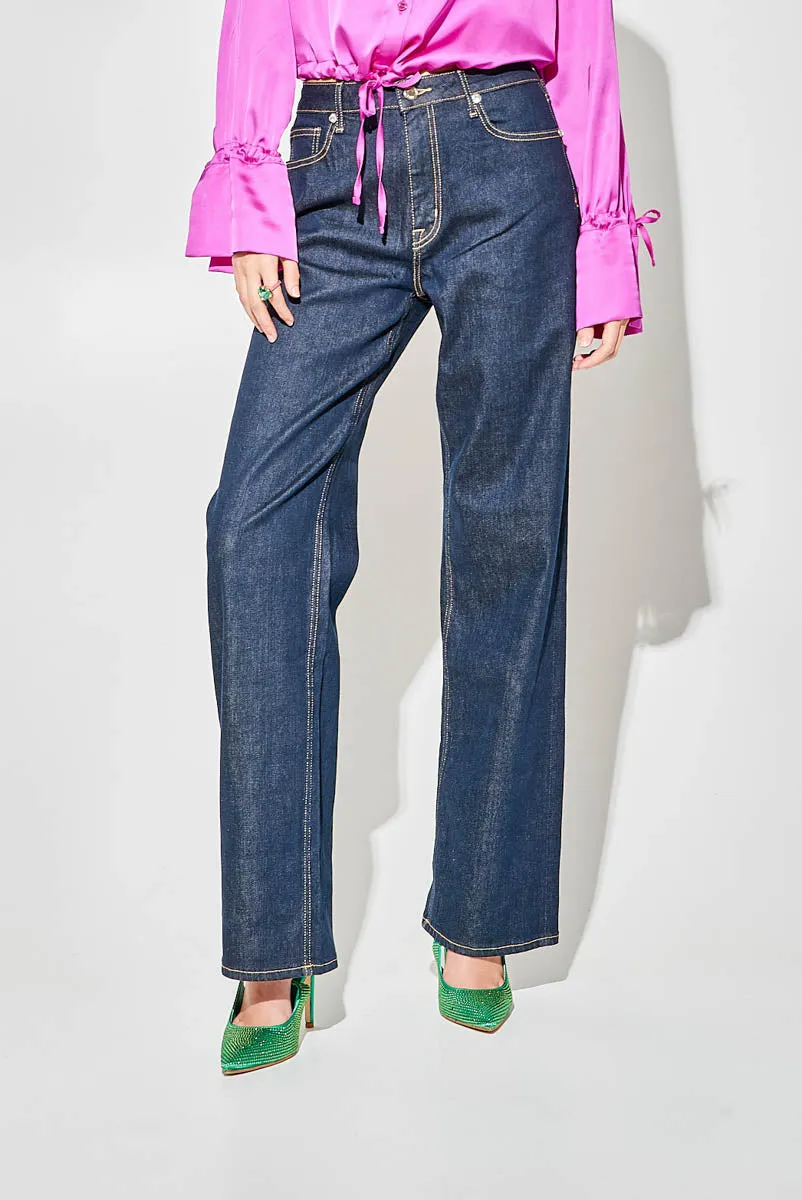 Jeans Straight Wide Leg A Vita Alta con Rivetti Gioiello e Filato Dorato