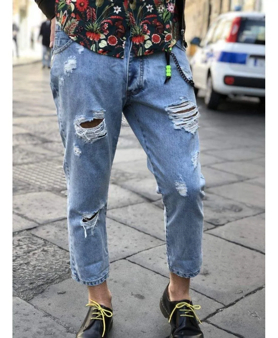 Jeans uomo strappati - Denim chiaro - Con catenina