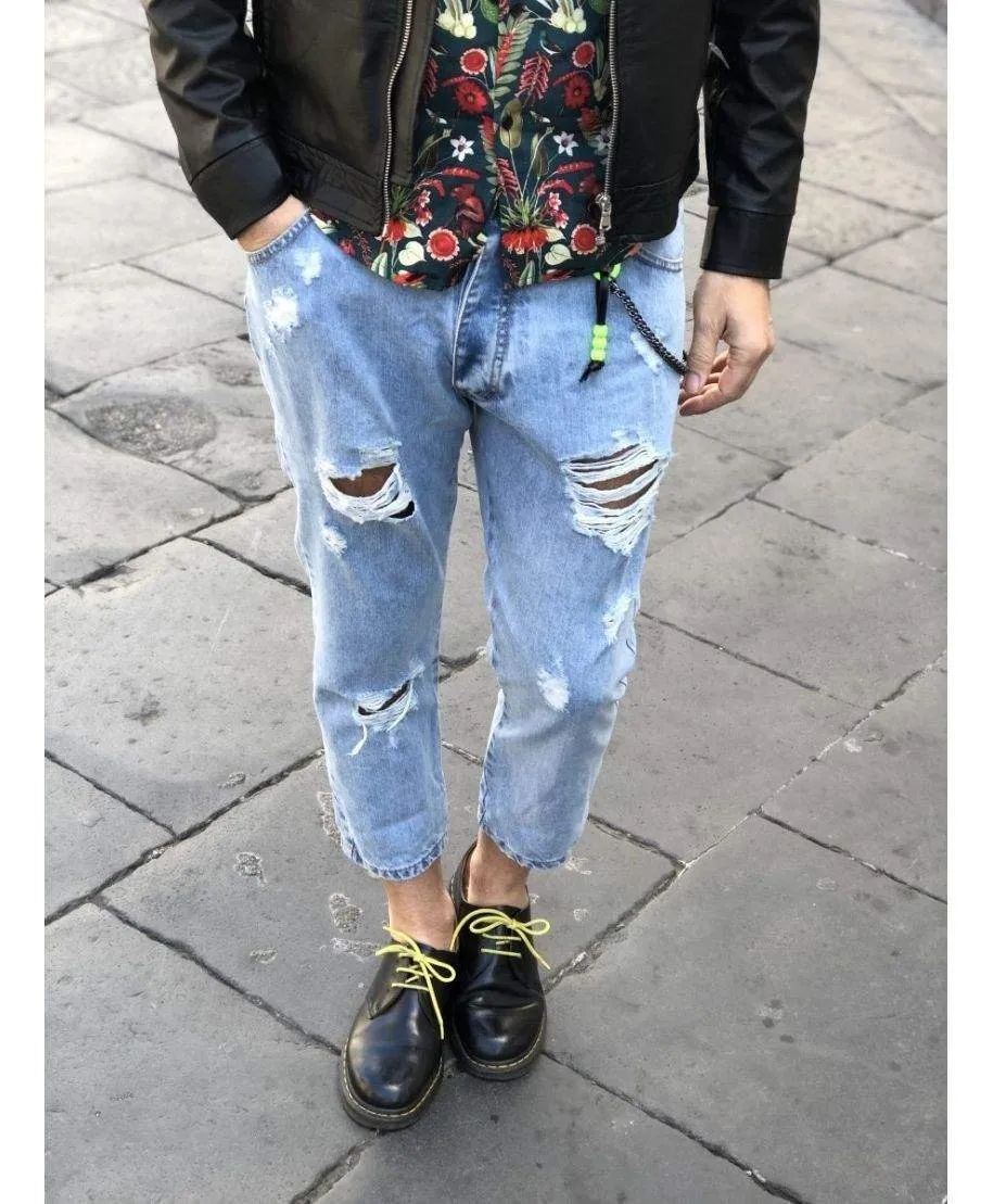 Jeans uomo strappati - Denim chiaro - Con catenina