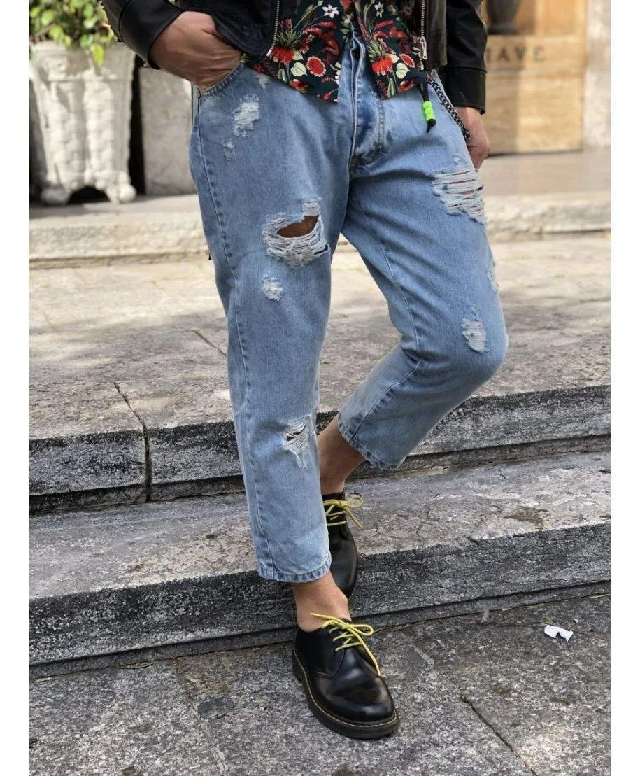 Jeans uomo strappati - Denim chiaro - Con catenina