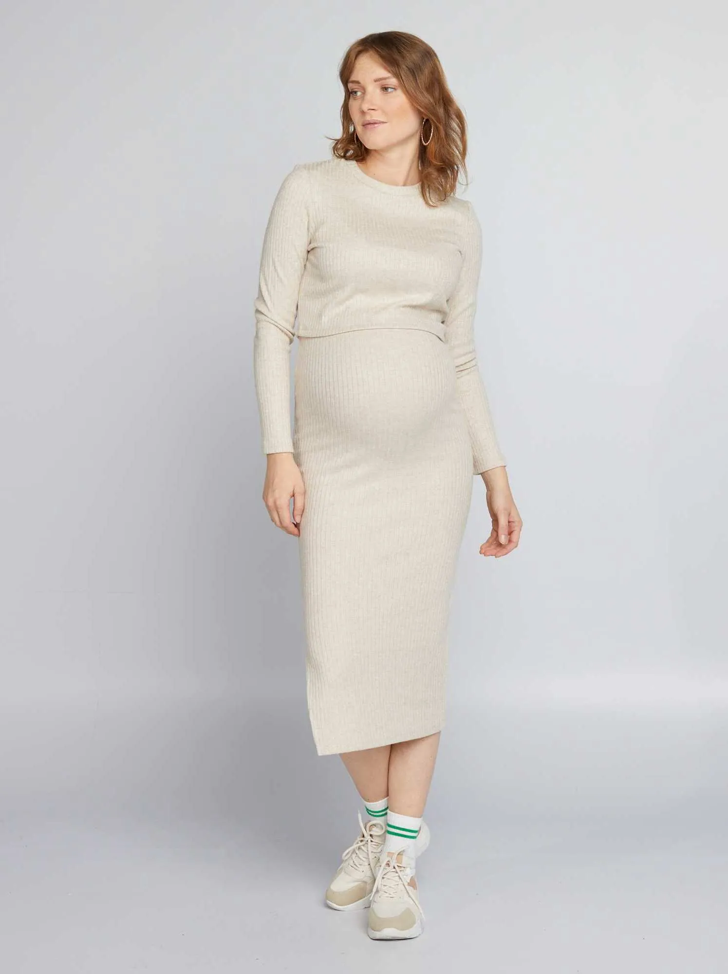 Maglione cropped premaman in maglia a coste - BEIGE