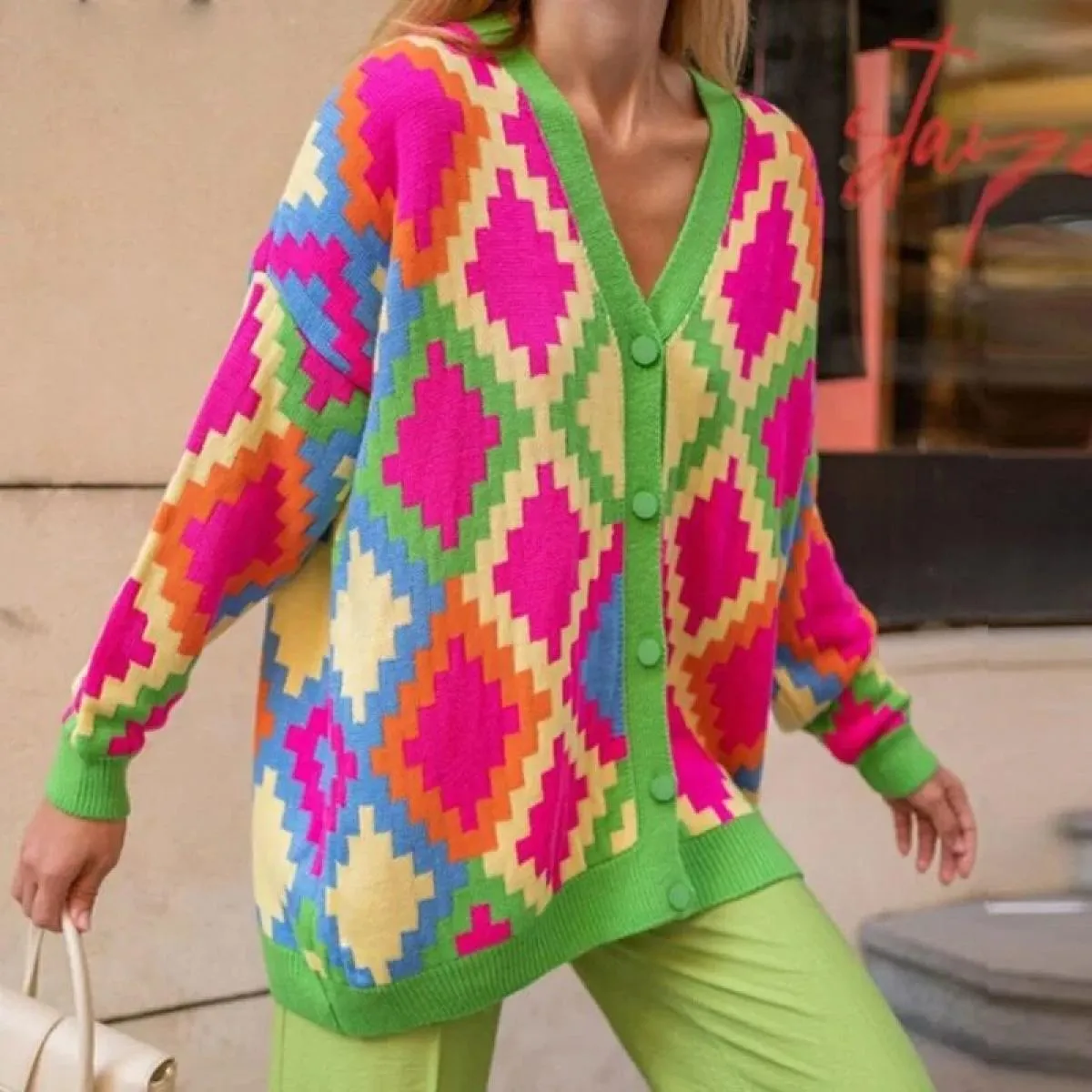Maglioni Autunno Inverno Nuovo maglione jacquard a losanghe a contrasto di colore Cappotto cardigan in maglia allentata Maglione