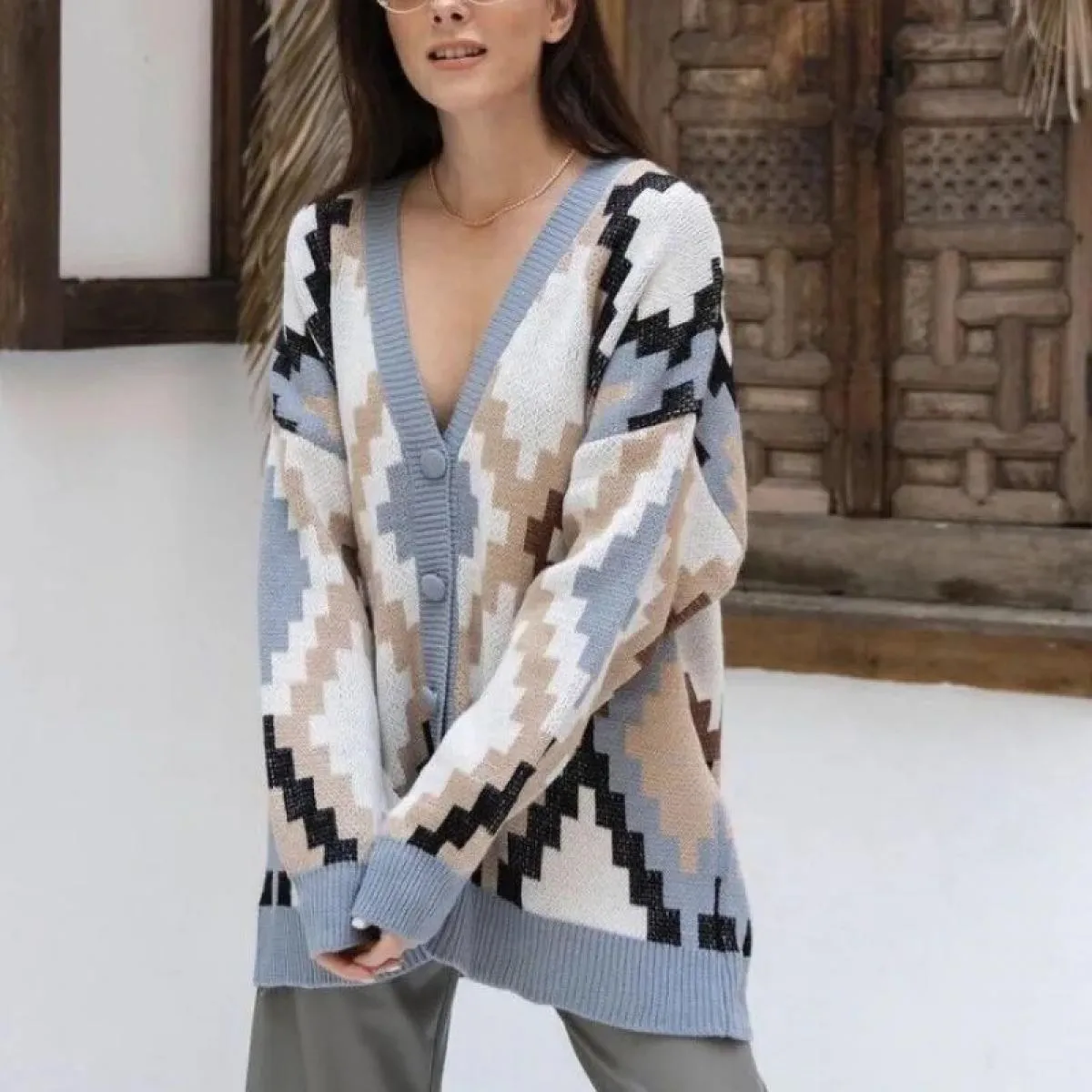 Maglioni Autunno Inverno Nuovo maglione jacquard a losanghe a contrasto di colore Cappotto cardigan in maglia allentata Maglione