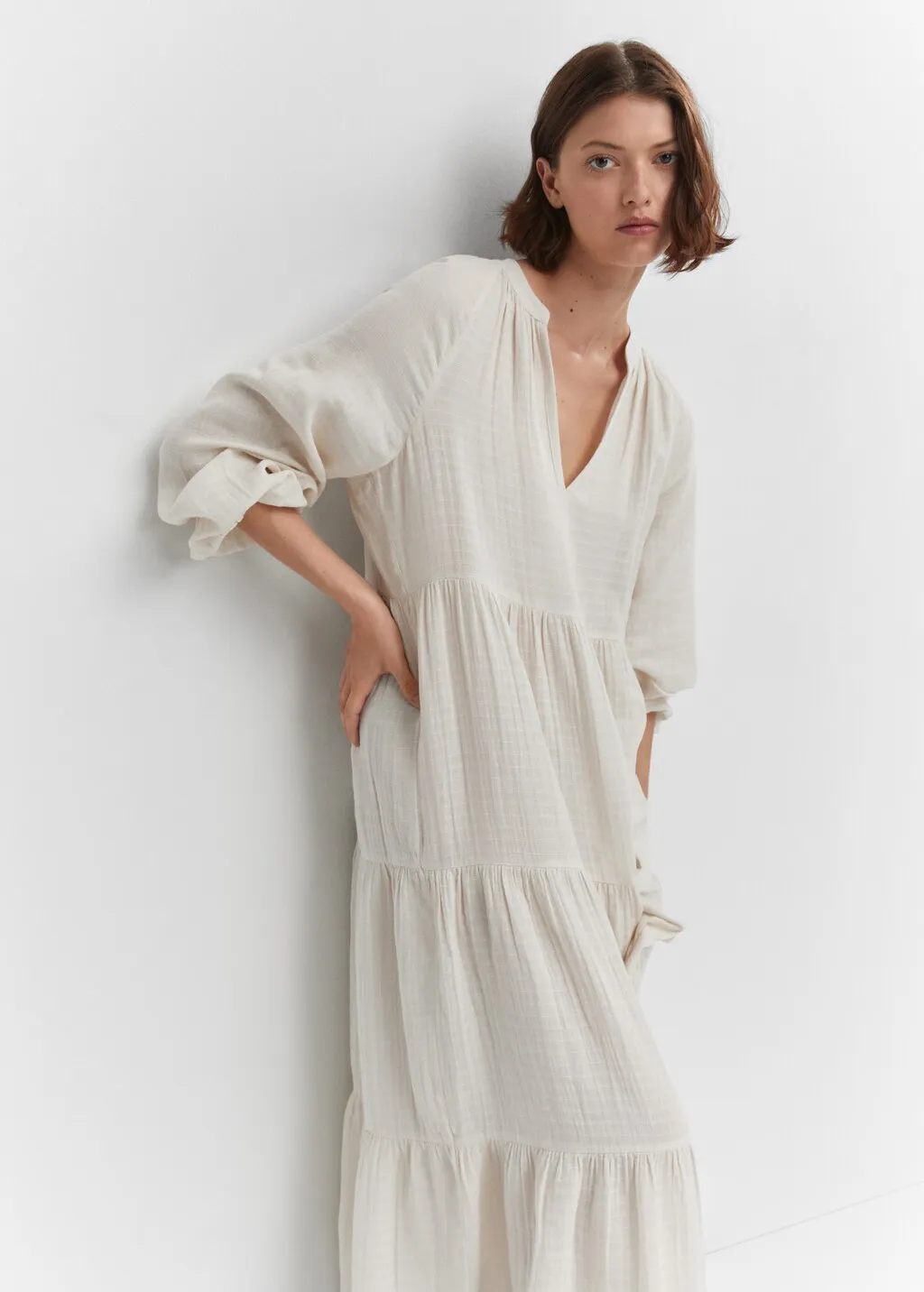 Maxi vestito cotone collo a V