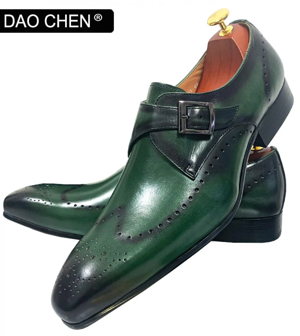 Mocassini da uomo di marca di lusso Monk Strap Shoes Black Green Wingtip Scarpe eleganti da uomo in vera pelle Scarpe da uomo da