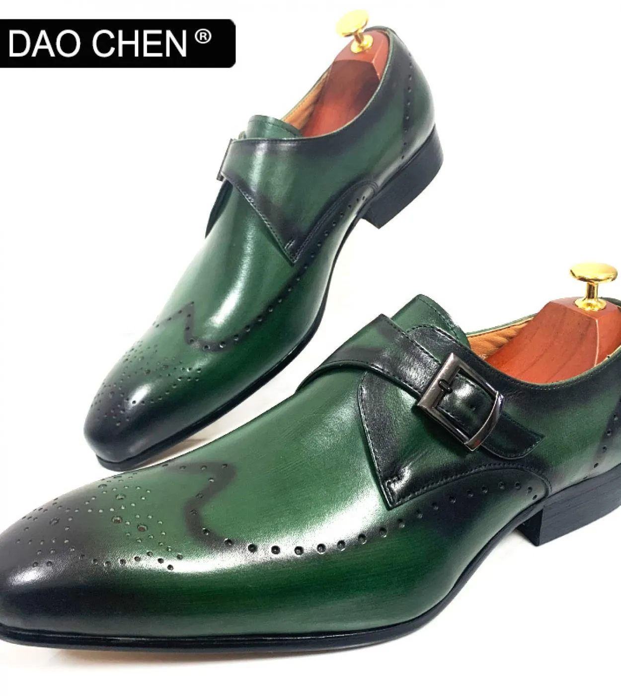 Mocassini da uomo di marca di lusso Monk Strap Shoes Black Green Wingtip Scarpe eleganti da uomo in vera pelle Scarpe da uomo da