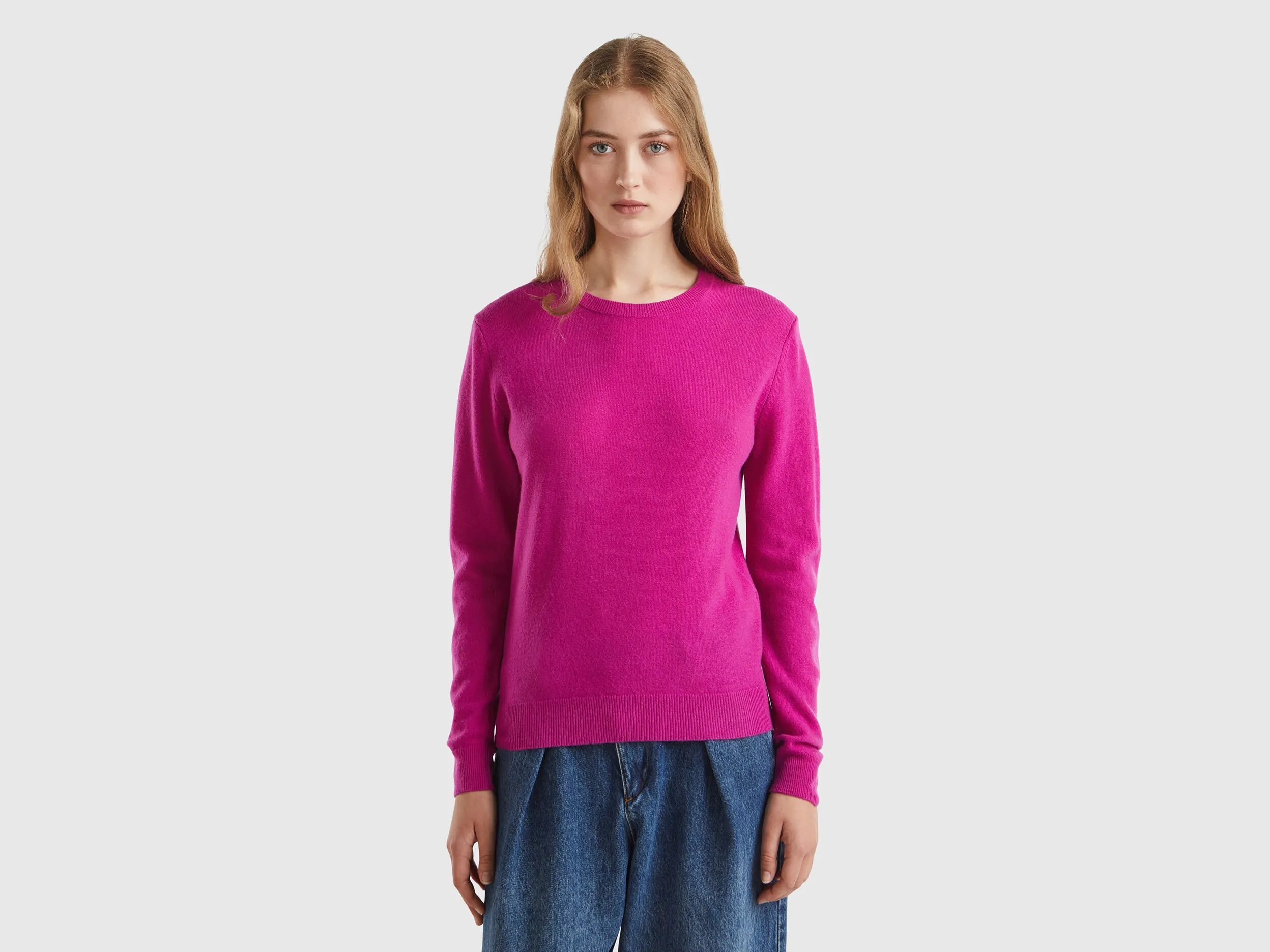Nuovi arrivi Maglia girocollo fucsia ciclamino in pura lana Merino