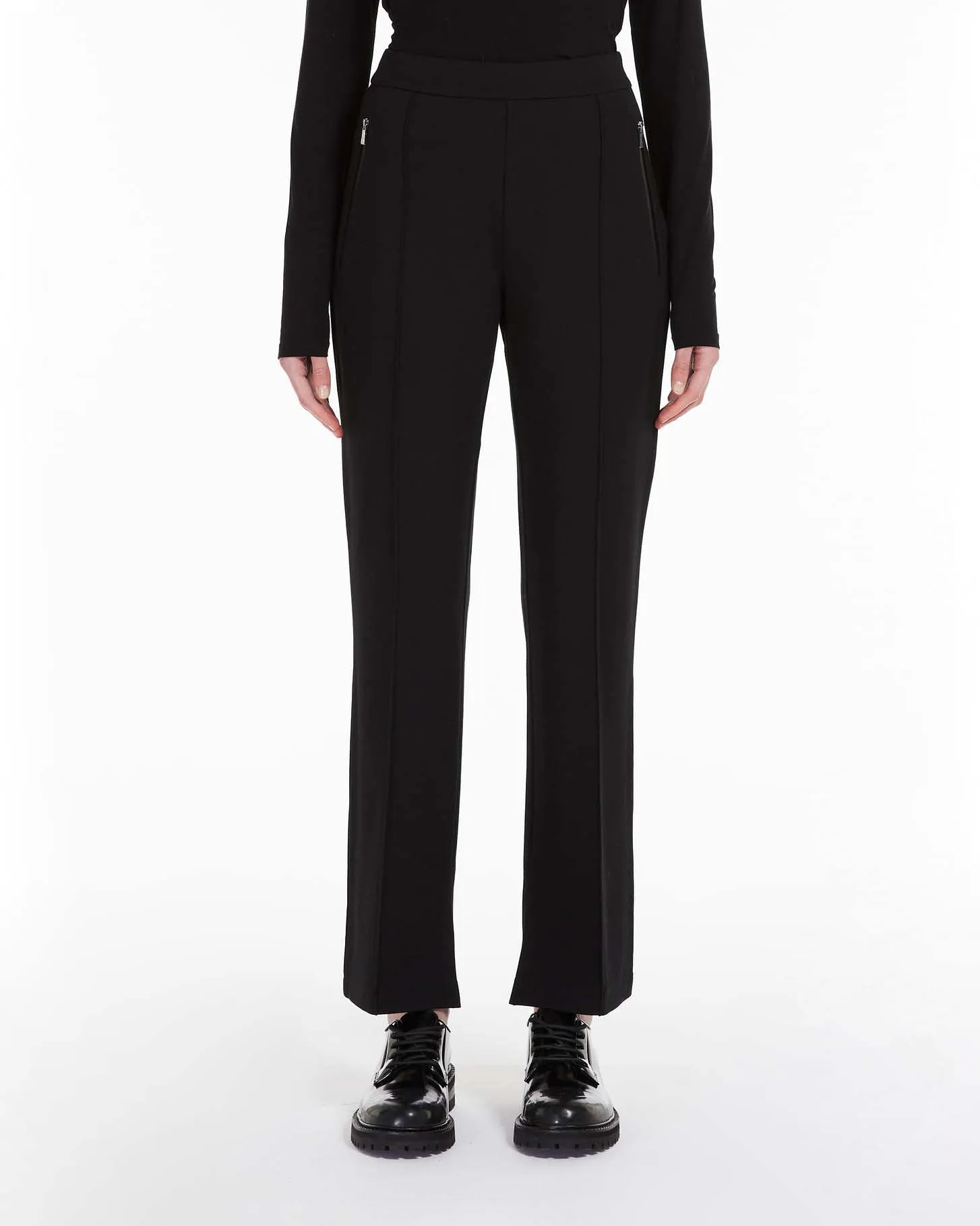 Pantaloni neri in jersey in misto viscosa punto Milano con nervatura fronte e retro
