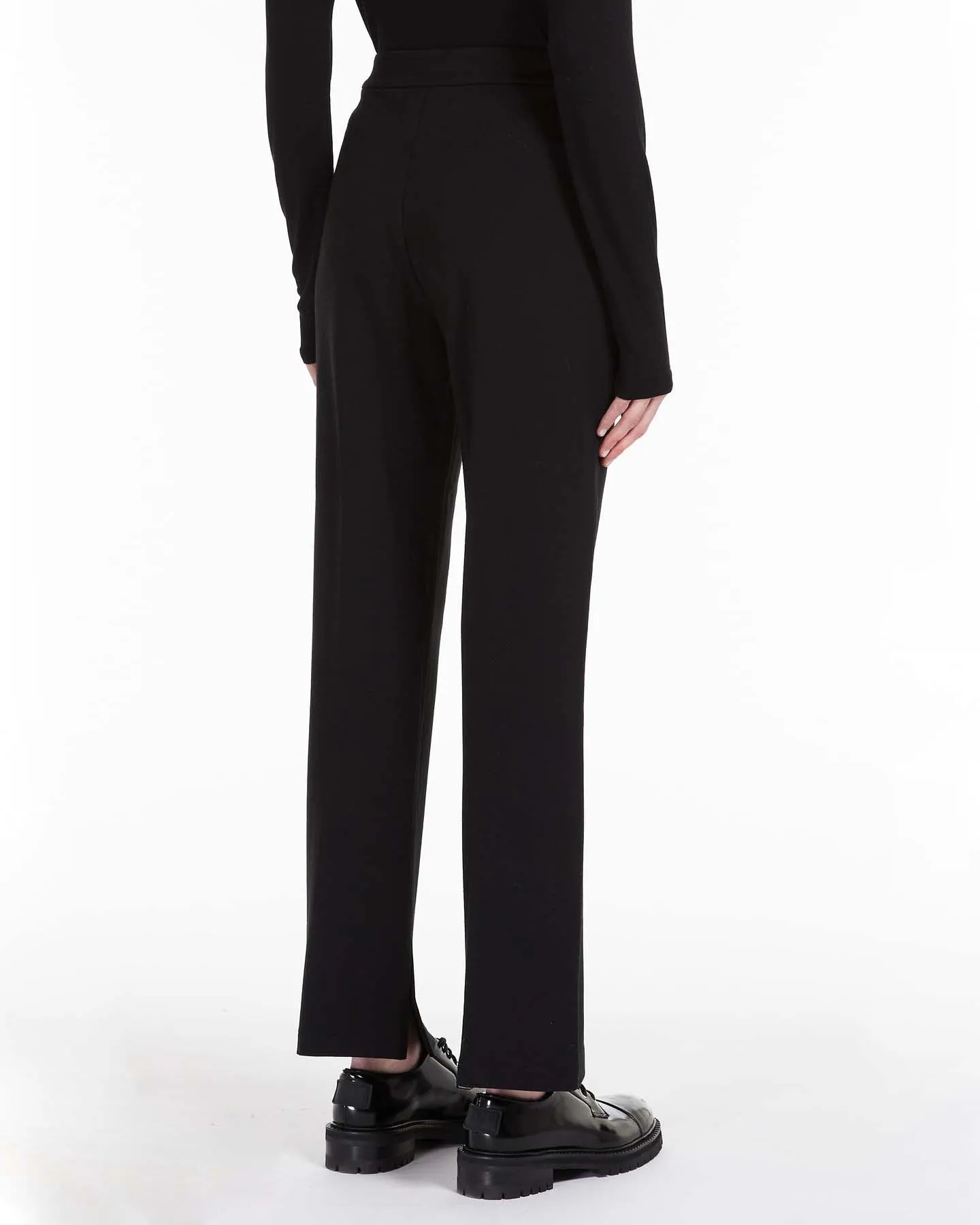 Pantaloni neri in jersey in misto viscosa punto Milano con nervatura fronte e retro