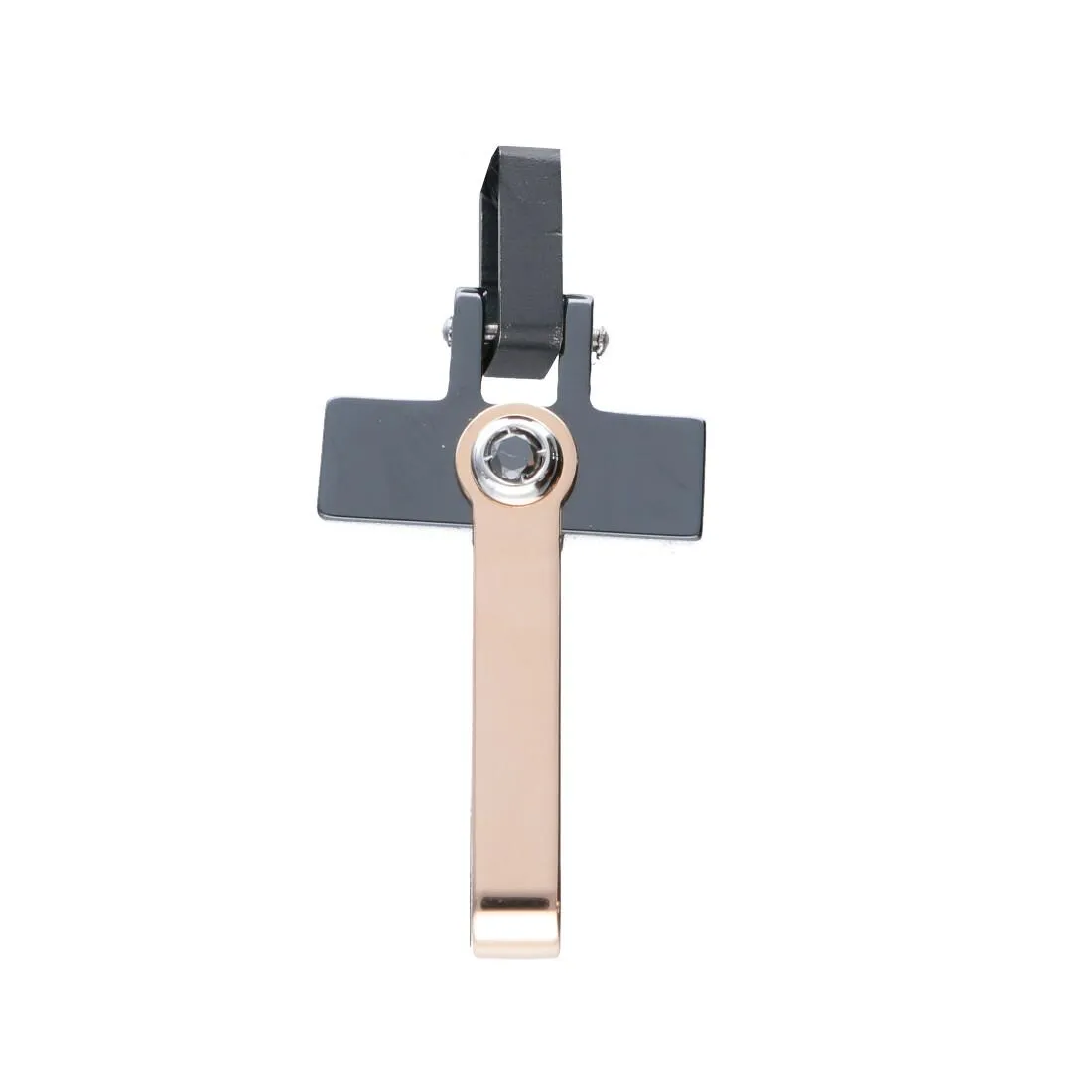 Pendente croce da uomo in oro rosa e acciaio con diamante nero ct 0.03