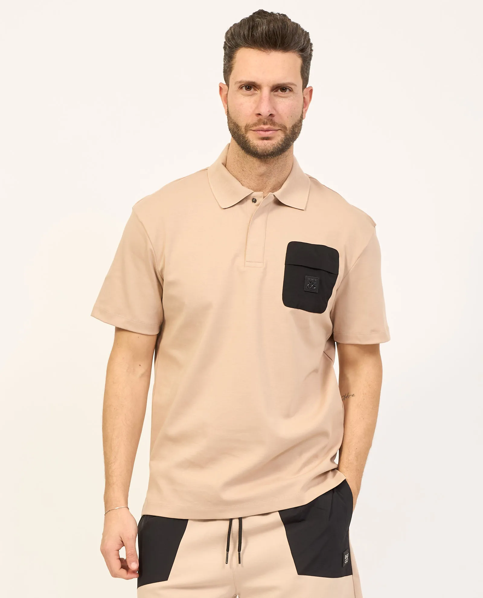 Polo uomo Hugo beige in cotone intrecciato