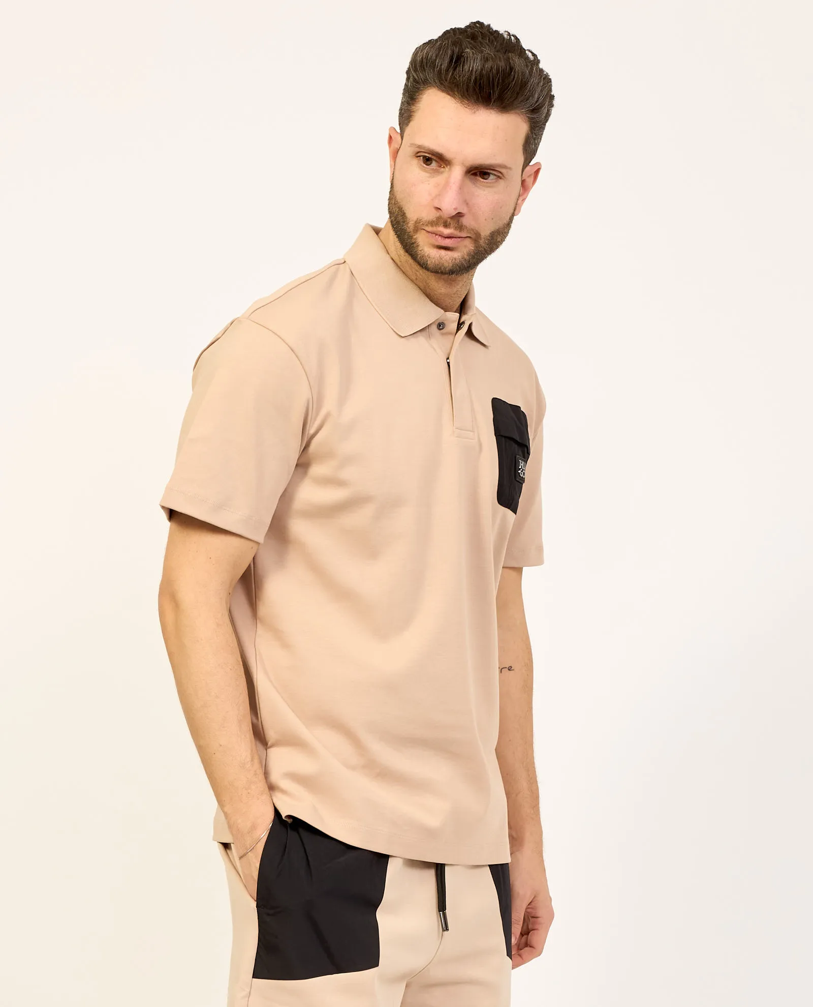Polo uomo Hugo beige in cotone intrecciato