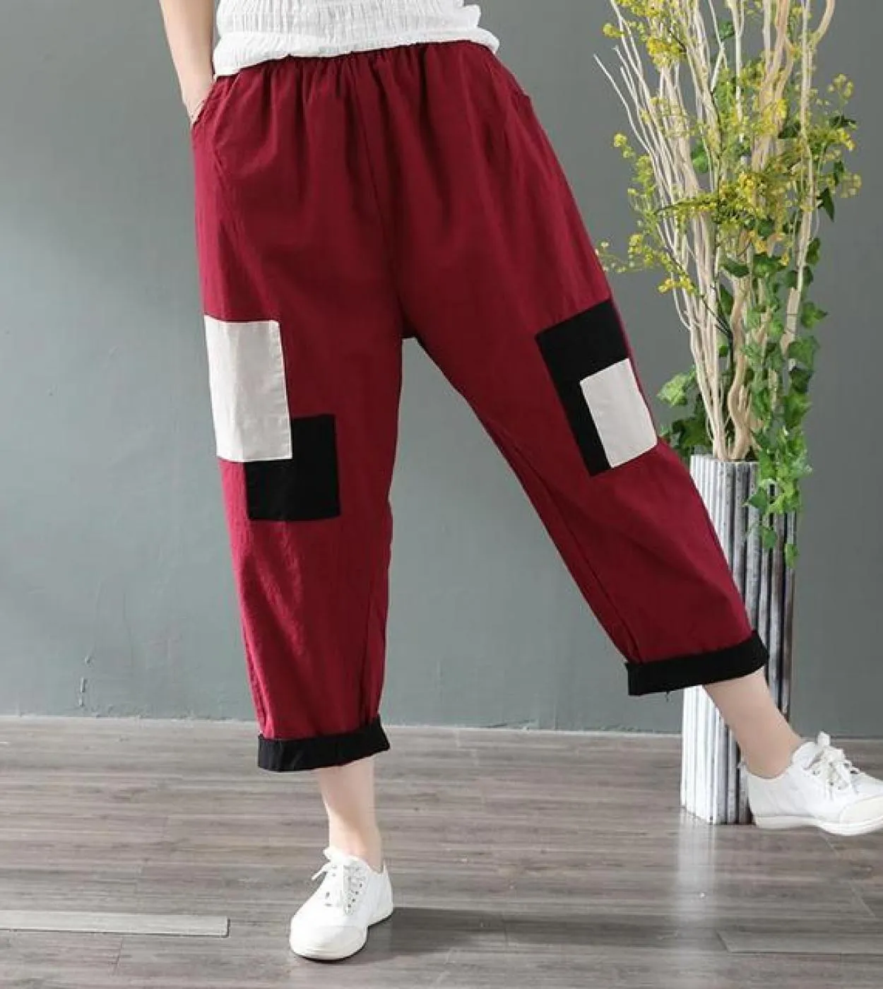 Primavera Estate New Arts Style Donna Elastico in vita Lunghezza alla caviglia Pantaloni larghi Patchwork Design Cotone Lino Vin